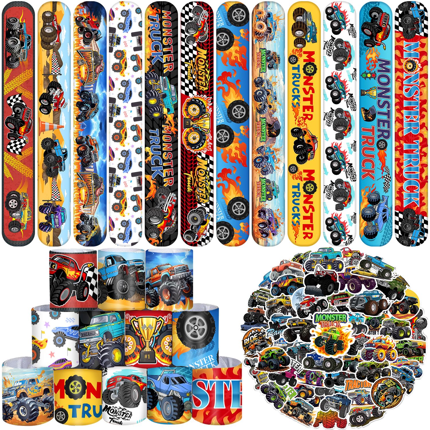 YYMYMGJ Monster Truck Party Favors, 24 Pcs Monster Truck Slap Bracelets 50 Pcs Monster Truck Stickers Monster Truck Birthday Party Decorations Supplies Gifts for Kids Boys Classroom Rewards