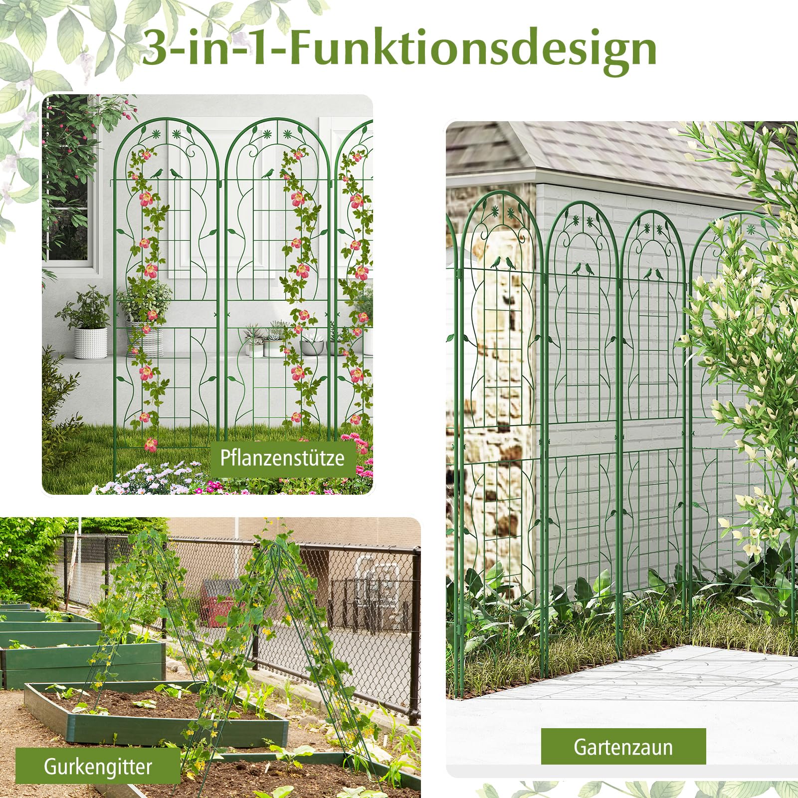 COSTWAY Rankgitter Metall, 4er Set, dekorativer Gartenzaun, freistehende Rankhilfe, Spalier Garten zum Stecken, Rankspalier für Kletterpflanzen Blume Gurke (180 x 50 cm,Grün)