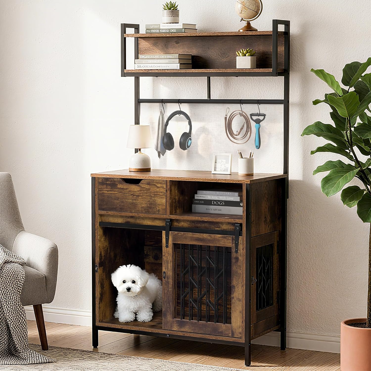 31.5" Dog Crate Furniture with Storage Shelves, Farmhouse Dog Kennel Indoor Furniture with Drawers & Charging Station, Pet Side Cabinet Organizer with Sliding Barn Doors for Small Dogs (Rustic Brown)