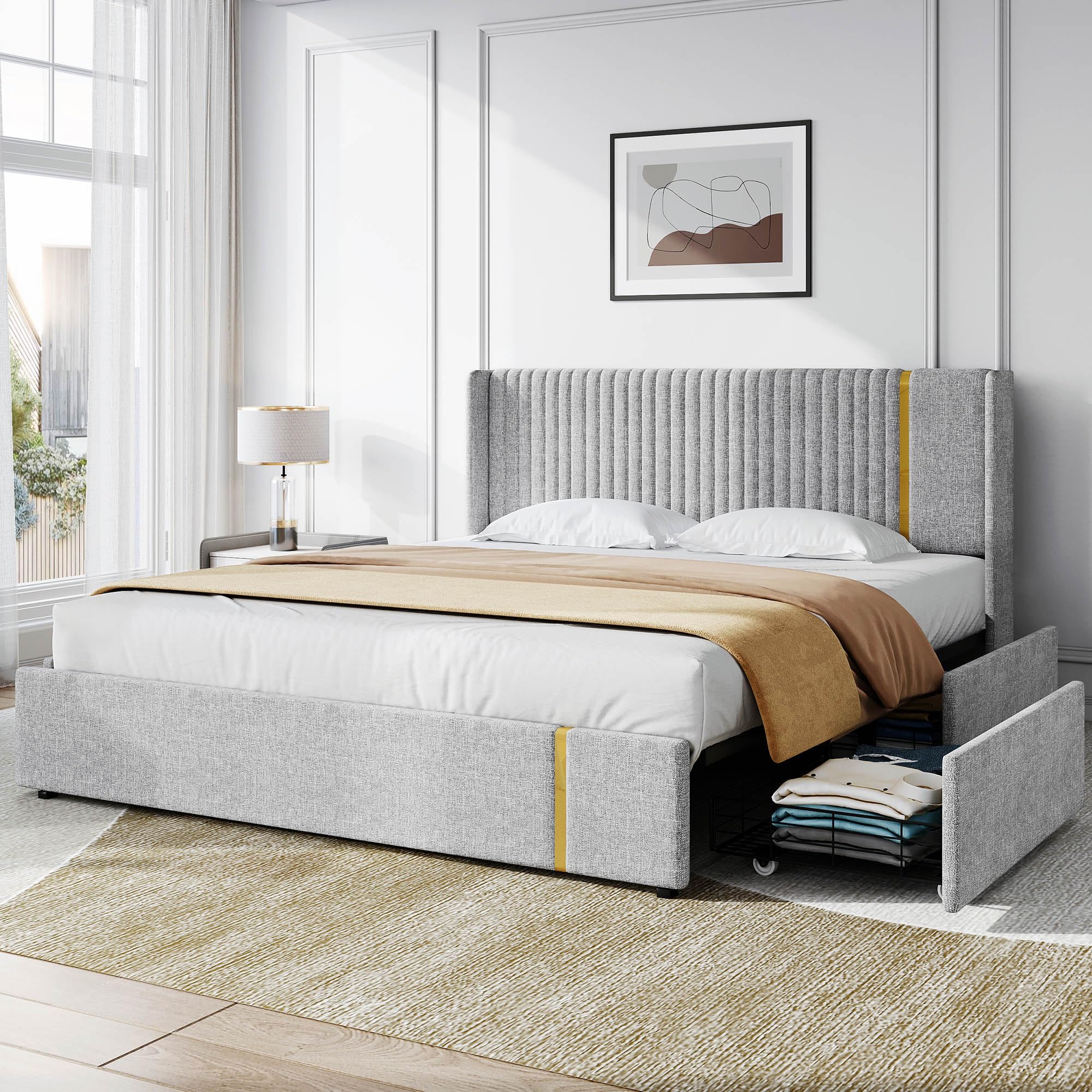 YITAHOME King Bed Frame with 4 Drawers, Storage Upholstered Platform Headboard, Gold and Grey Linen Wingback King Size Bed Frame, Non-Slip and Noise-Free, No Box Spring Needed, Fast Assembly, Grey