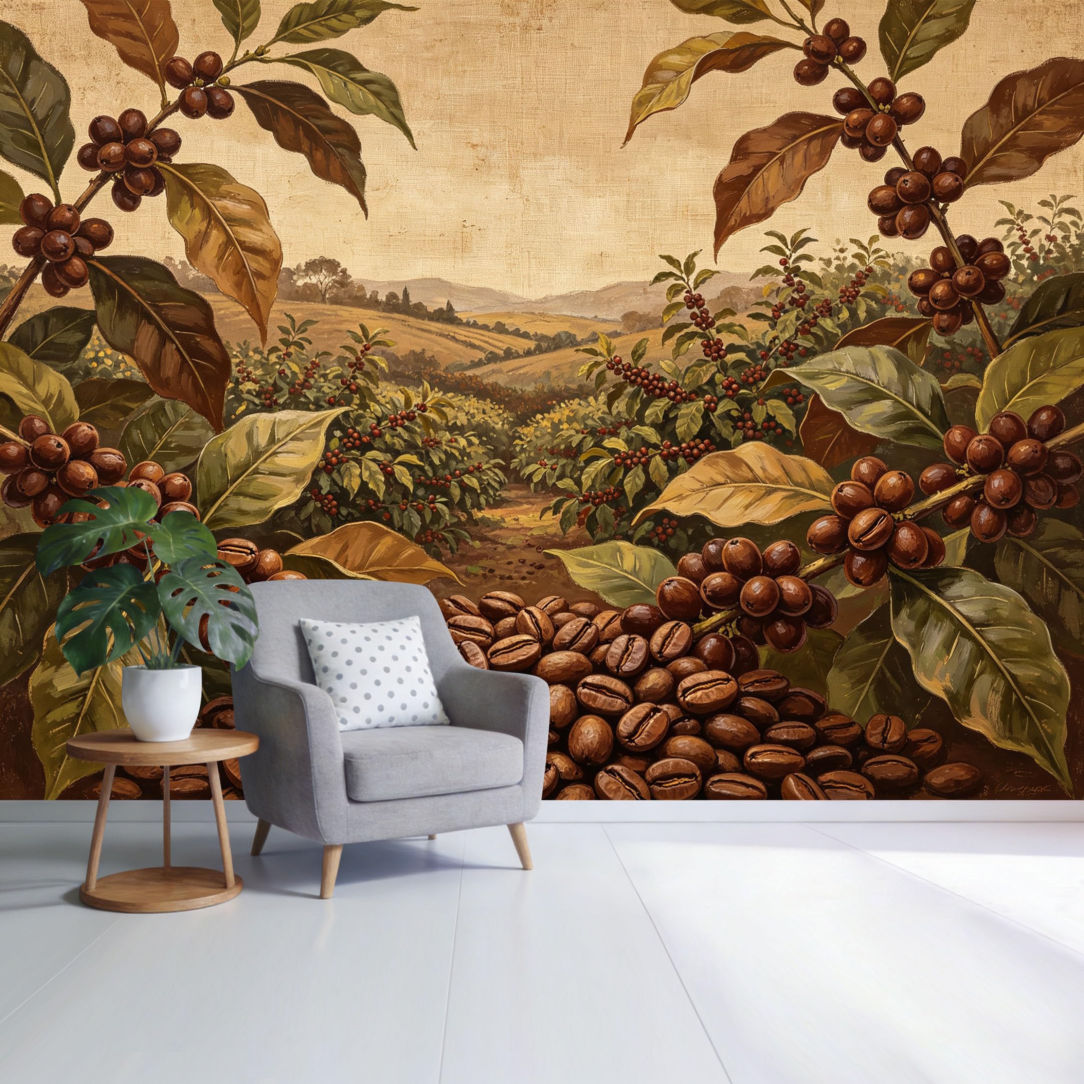 Custom Size Wall Mural Coffee Bean Farm Landscape Botanical Vintage Oil Painting SelfAdhesive Wall Fabric Removable Wallpaper for Home Office Decor
