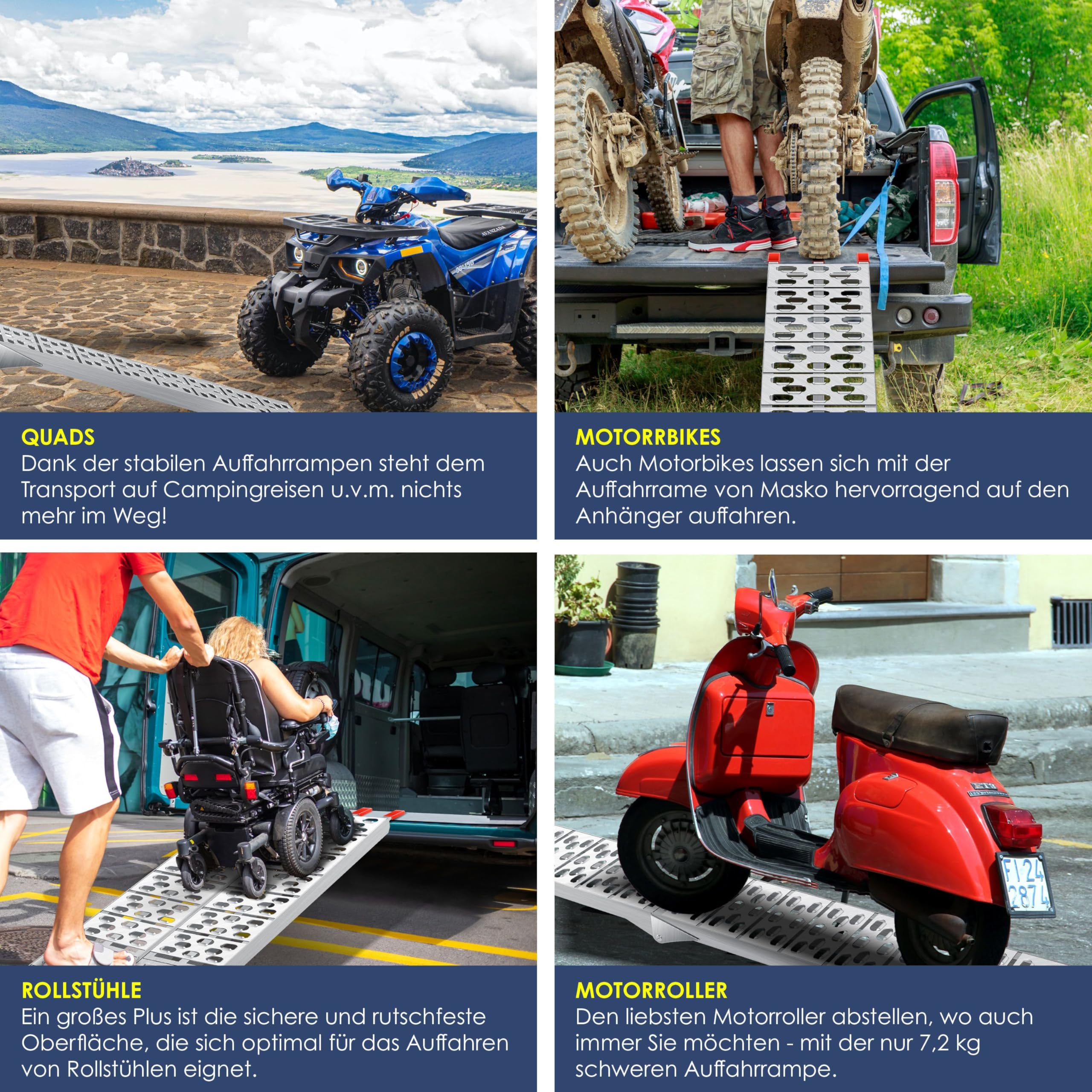 MASKO® Auffahrrampe 340kg Faltbare ALU Verladerampe Max 680kg* Pro Paar Verladeschiene Antirutsch Klappbar max. 340kg* pro Stück Motorrad ATV Quad PKW Auto Laderampe,1x Auffahrrampe Silber