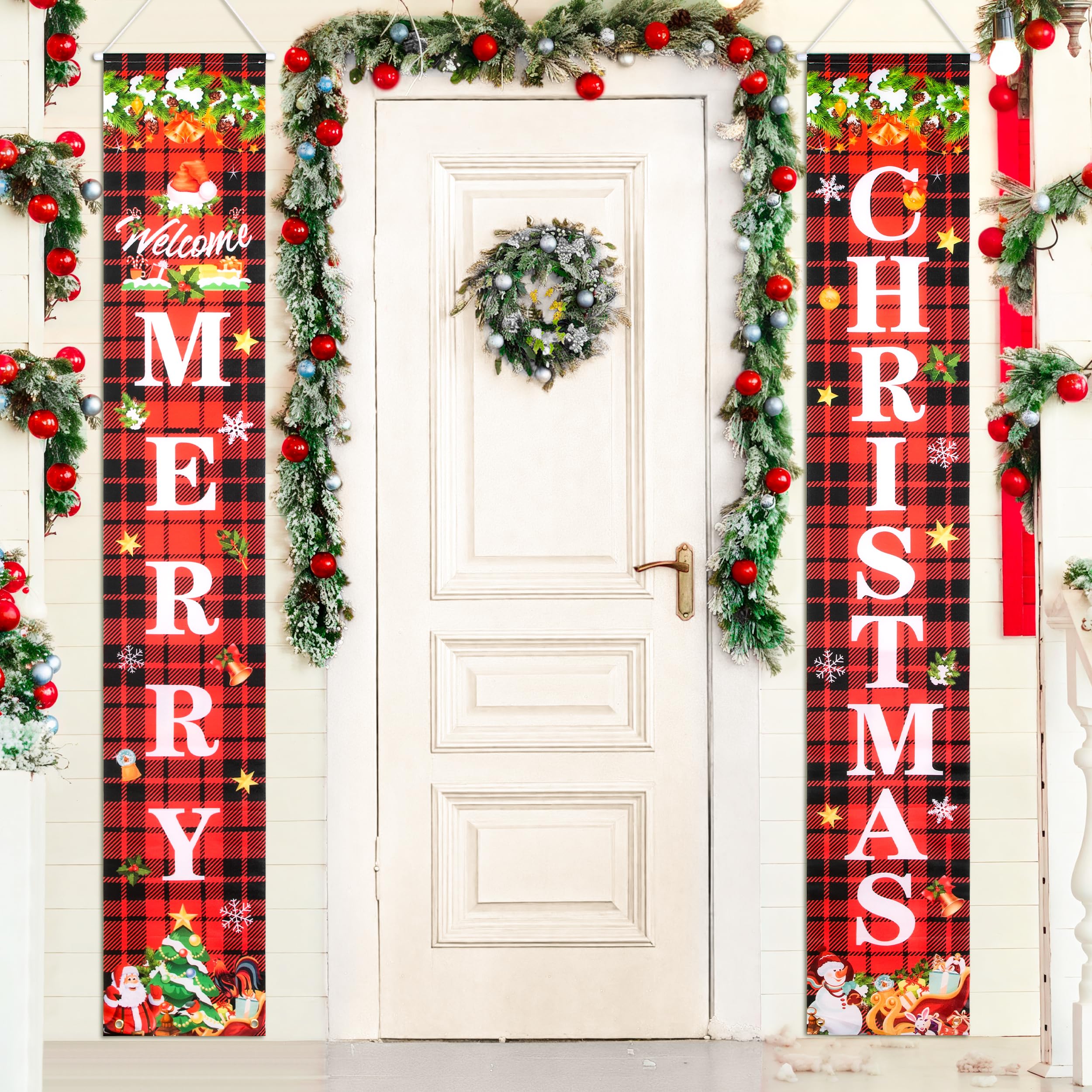 Pancarta Navidad Puerta, 2 Piezas Banner Navidad para Porche Decoración, Rojos Feliz Navidad Bienvenida Adorno Signo, Decoración Navidad Entrada, Interior y Exterior - 30 x 180 cm