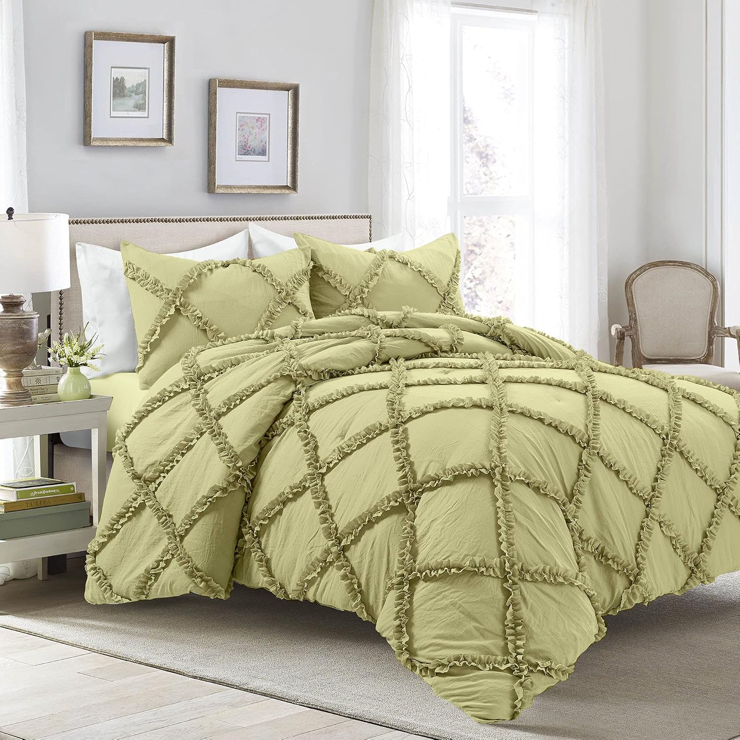 3 Piece Cross Diamond Ruffle Duvet Cover with Zipper & Corner Ties 1000 Thread Count 100% Egyptian Cotton Premium Hotel Class Decorative Bedding Luxurious Quality (Oversized King 120" x 98", Ivory)