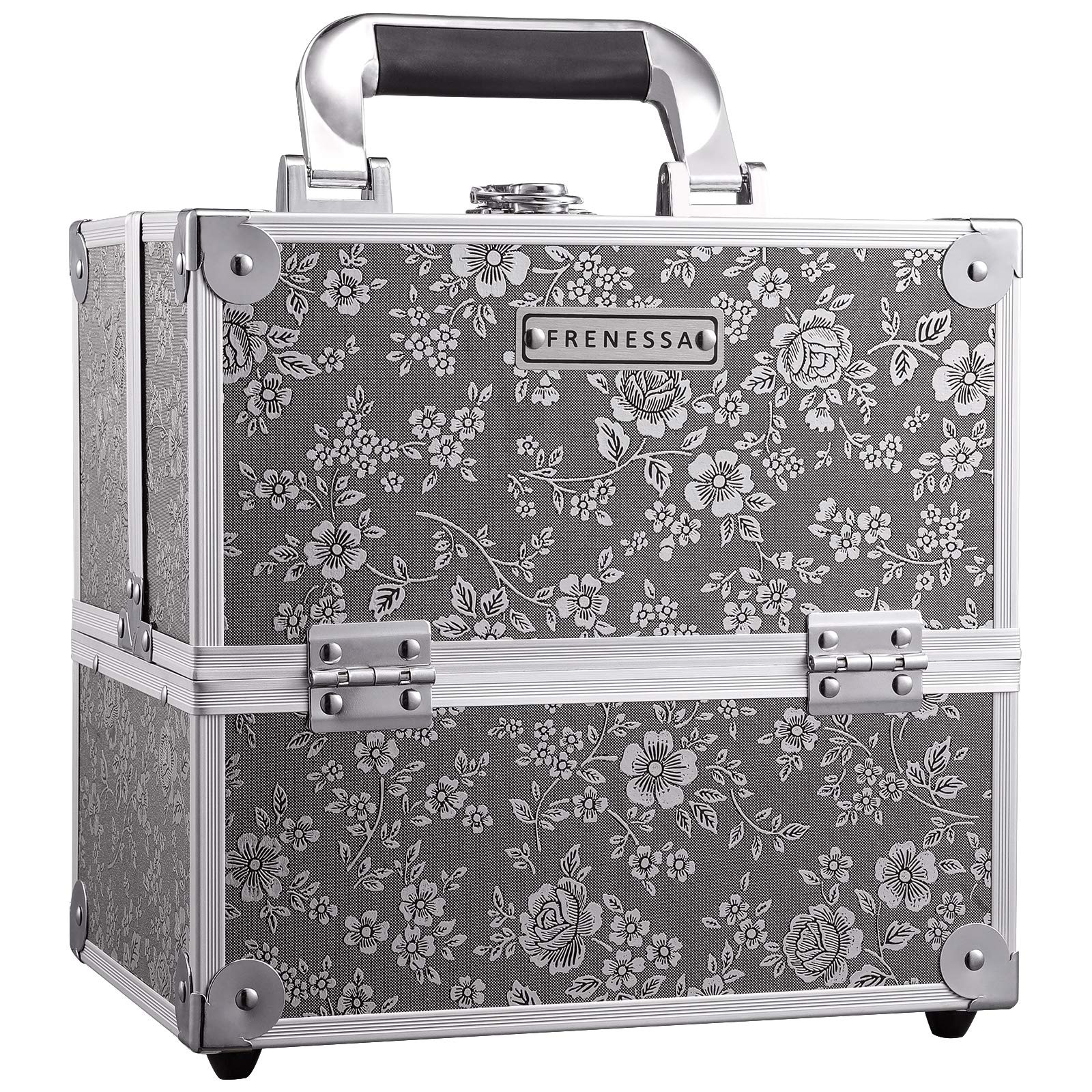 Frenessa Makeup Train Case Floral Cosmetic Box Storage - 4 Tier Trays Makeup Organizer Case Jewelry Storage with Lockable Portable Travel Travel Case for Women and Girls - Silver Floral