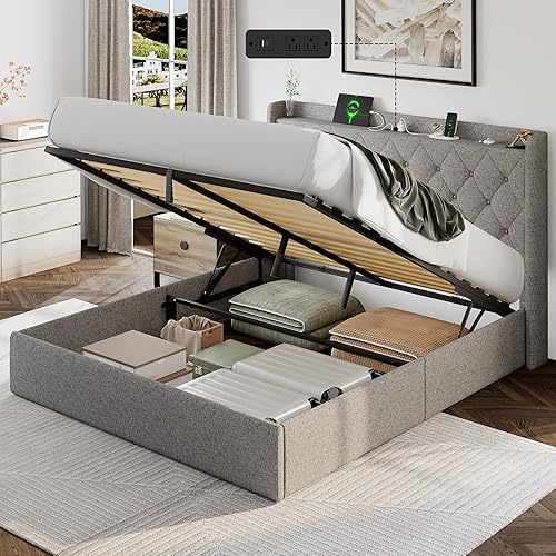 Miniatura 8 de Base de cama de almacenamiento de elevación completa con estación de carga, marco de cama tapizado con almacenamiento, no necesita somier, sin