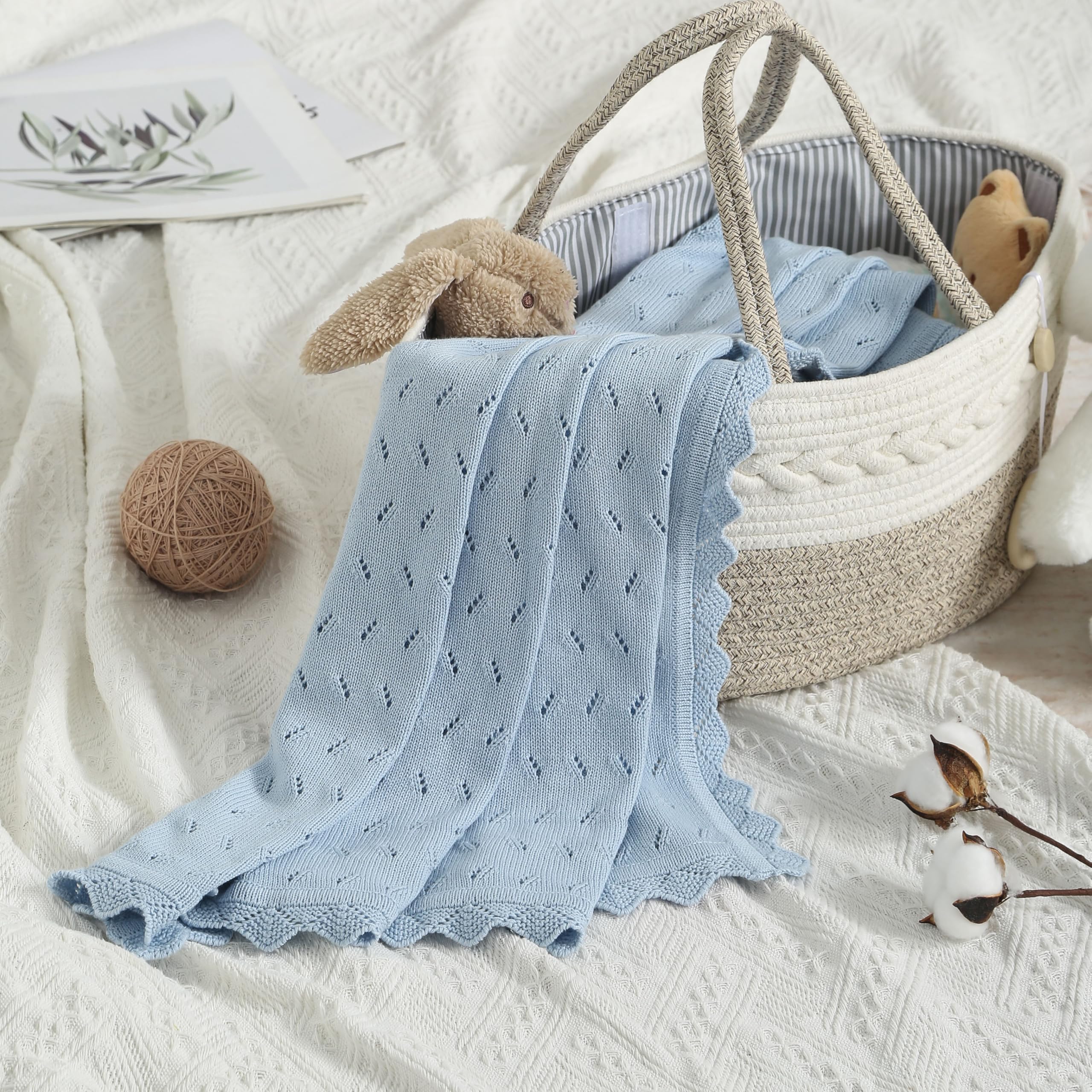 Loyfoky Baby Blanket Cellular 100% Cotton Breathable Cot & Pram Blanket for Newborns Boy Girl,Swaddle,Nursery 100x80cm Blue - Image 2