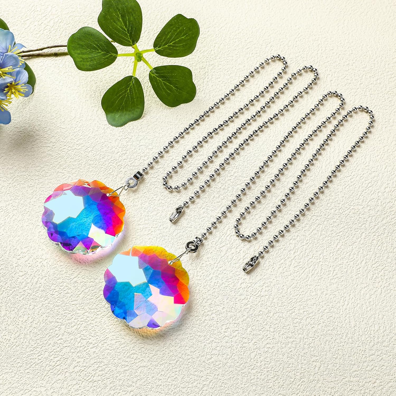 LONGSHENG - SINCE 2001 - 4 Pack Silver Ceiling Fan Pull Chains, Crystal Prisms Ornaments Pull Chains for Ceiling Fans and Lights, Decorative Fan Pulls Extenders with Connector