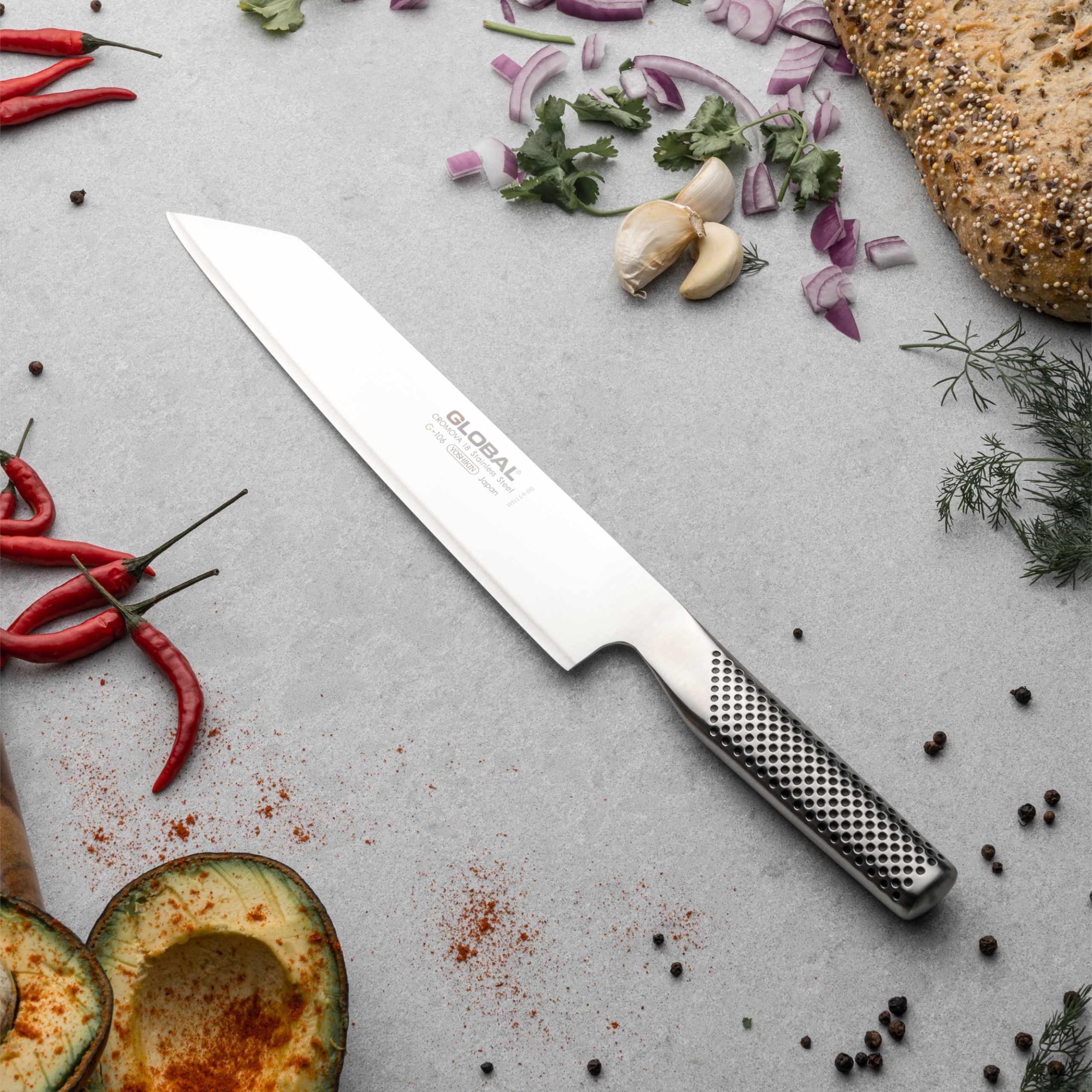 Global G 106 Kiritsuke. Coltello da cucina orientale, adatto a tutte le lavorazioni del pesce. Ideale per Sushi-sashimi. Lunghezza lama centimetri 24