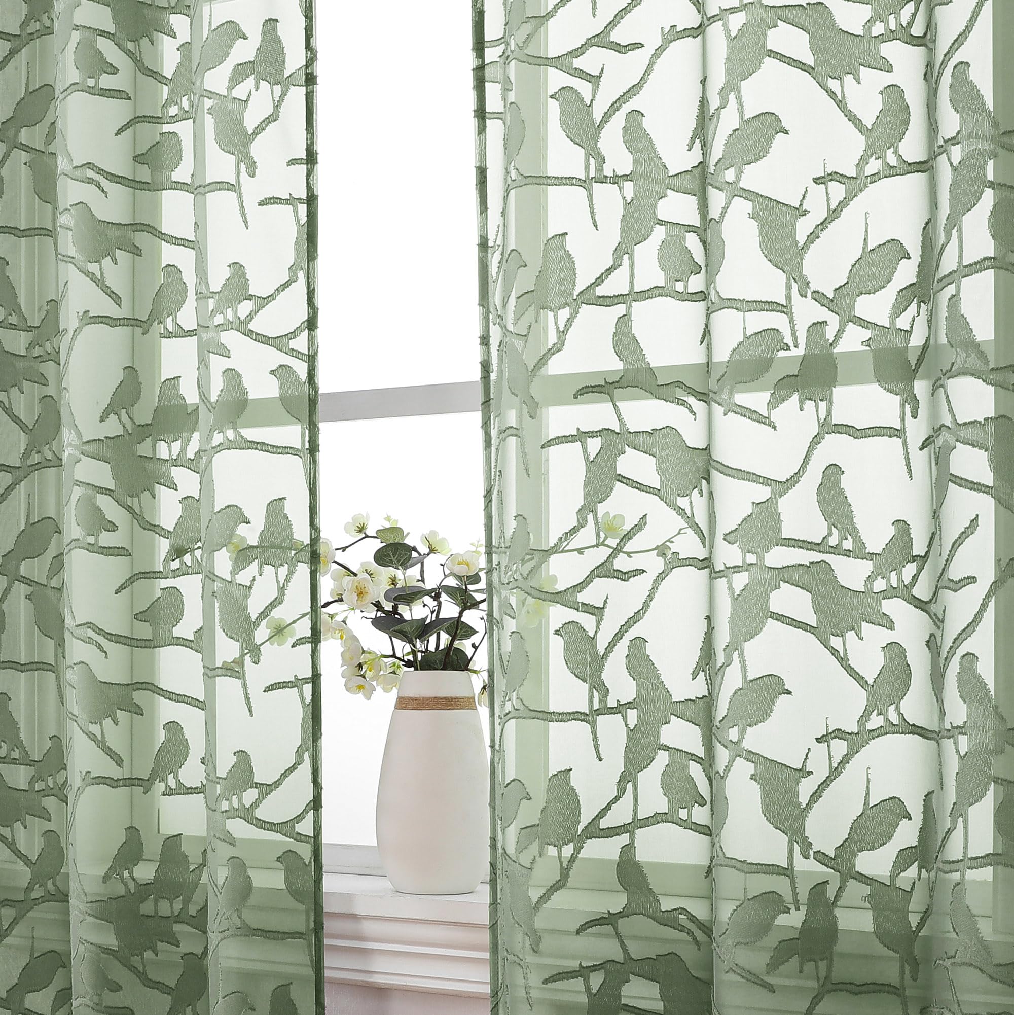 Photo 1 of OVZME Sage Green Sheer Curtains 63 Inch Length 2 Panel Set, Light Filtering Bedroom Curtains with Dual Rod Pocket Top, Leaf Bird Clip Jacquard Sheer Farmhouse Window Drapes for Living Room, 2x38Wx63L