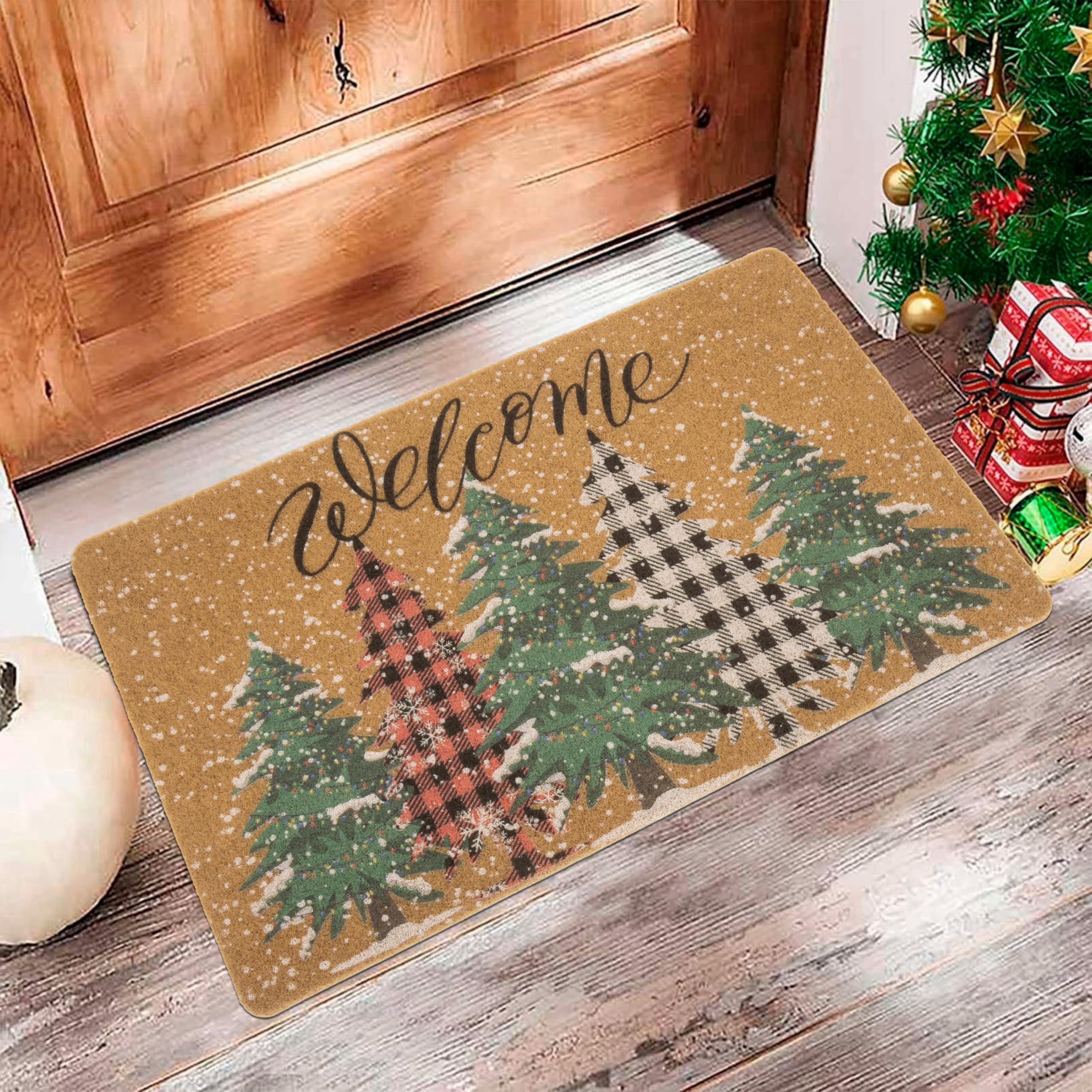 Zerbino di benvenuto natalizio per ingresso esterno – porta anteriore antiscivolo pini zerbino decorativo invernale 43,2 x 73,7 cm