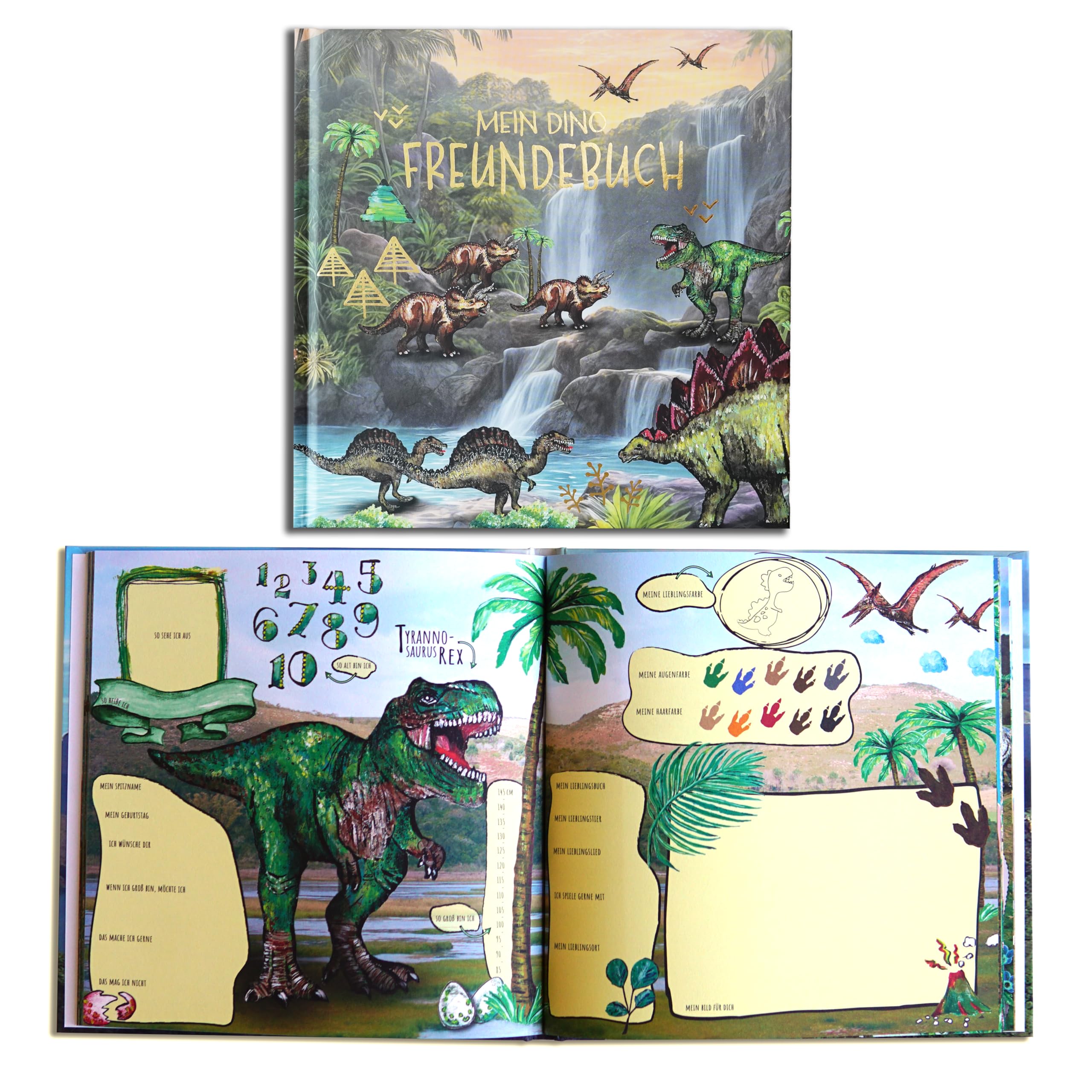 "Freundebuch Dino“ Freundebuch für Jungen und Mädchen – Freundschaftsbuch für Kindergarten oder Grundschule - Geschenk zur Einschulung - Schulfreundebuch zum Ausfüllen im Dinosaurier Design