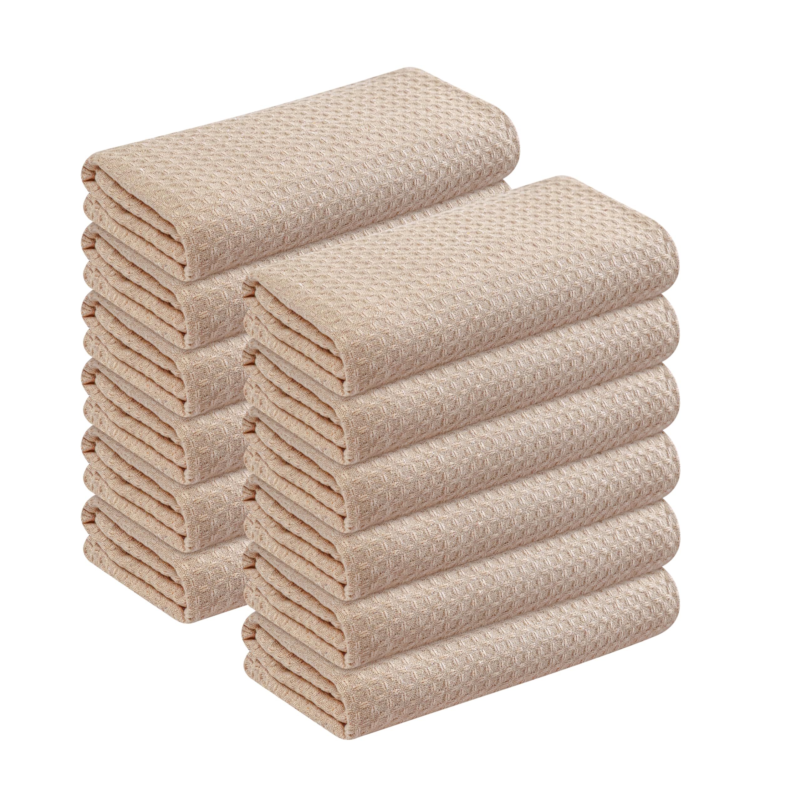 Beige Waffle Kitchen Dish Towels, 100% Cotton, Quick Dry, Super Absorbent, Soft, Lint-Free, 16x26 Inches - Ideal for Dish Drying, Bar, Tea, Cleaning, and Everyday Use, 12 Pack, Tan