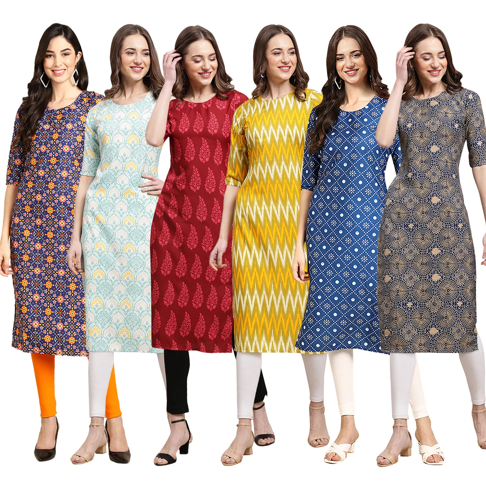 Pinkmint Women's Crepe Digital Print Straight Kurta Pack Of 6 [Cr-369-343-337-329-353-341-Xxl]