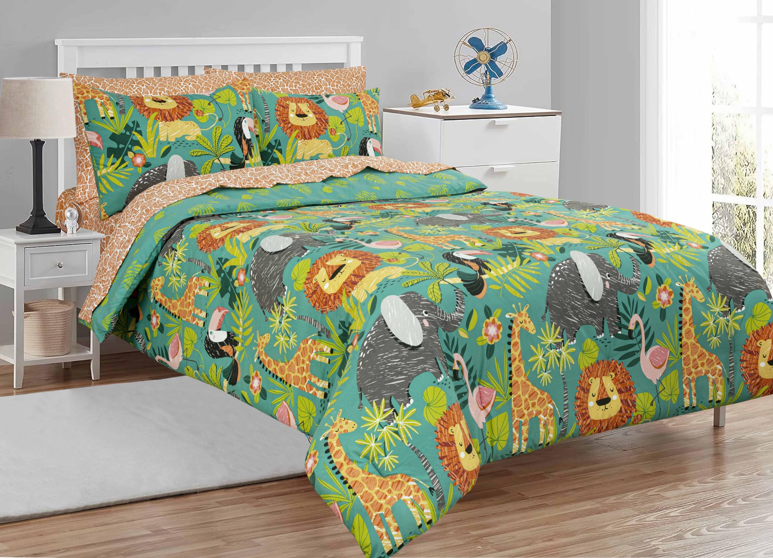 Jungle Safari Bed in A BagTwin reversible con estampado colorido de animales exóticos