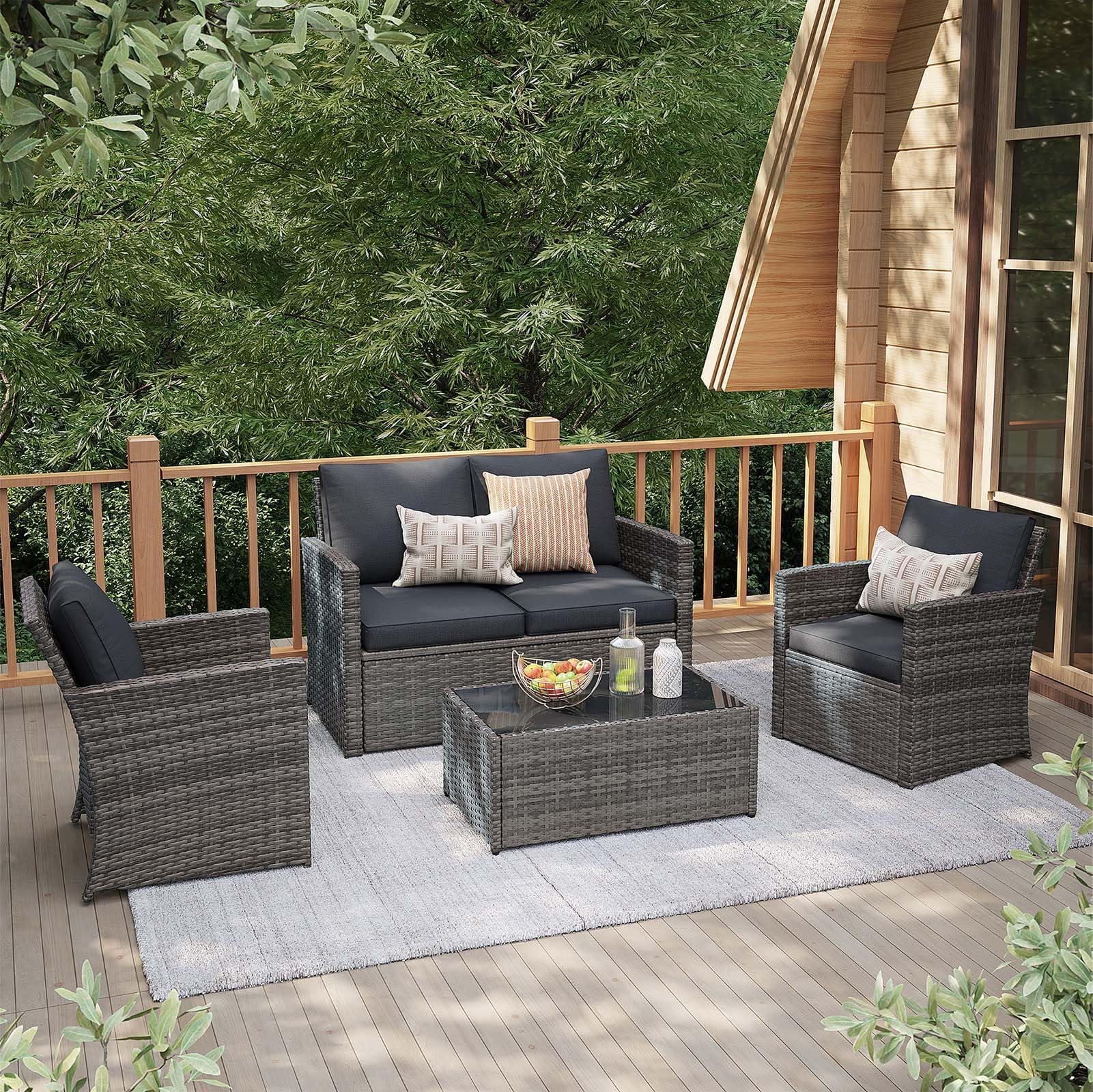 JOIVI 4 Piece Outdoor Patio Furniture Set, All-Weather Wicker Patio Conversation Set, PE Rattan Sofa Set with Loveseat Chair and Tempered Glass Coffee Table, Dark Gray