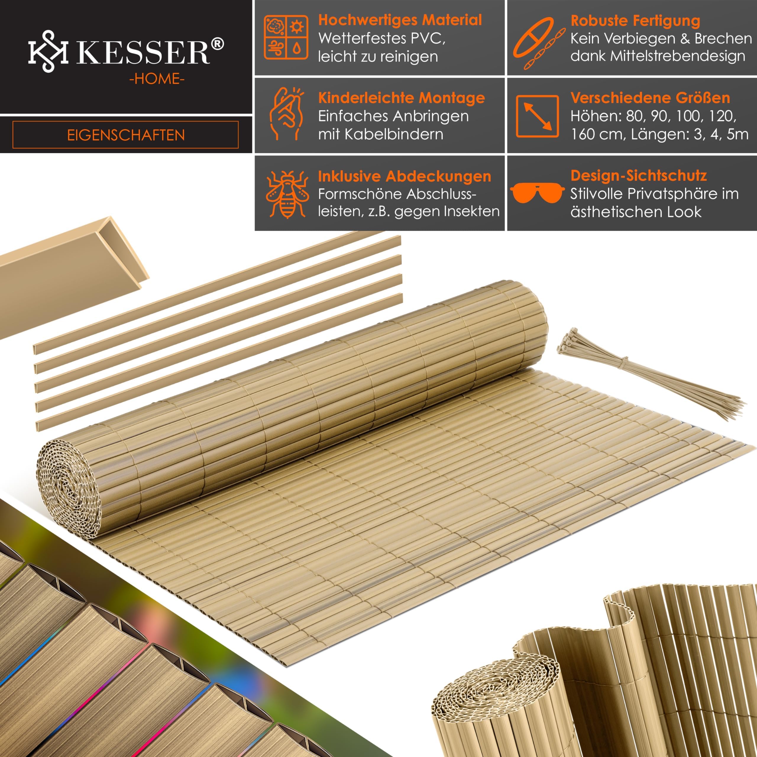 KESSER® Estera de Privacidad PVC Valla Protectora Balcón | Resistente a la Intemperie | 100 x 300 cm | Lamas reforzadas | Revestimiento del balcón Incluye Abrazaderas y Cubierta Bambú