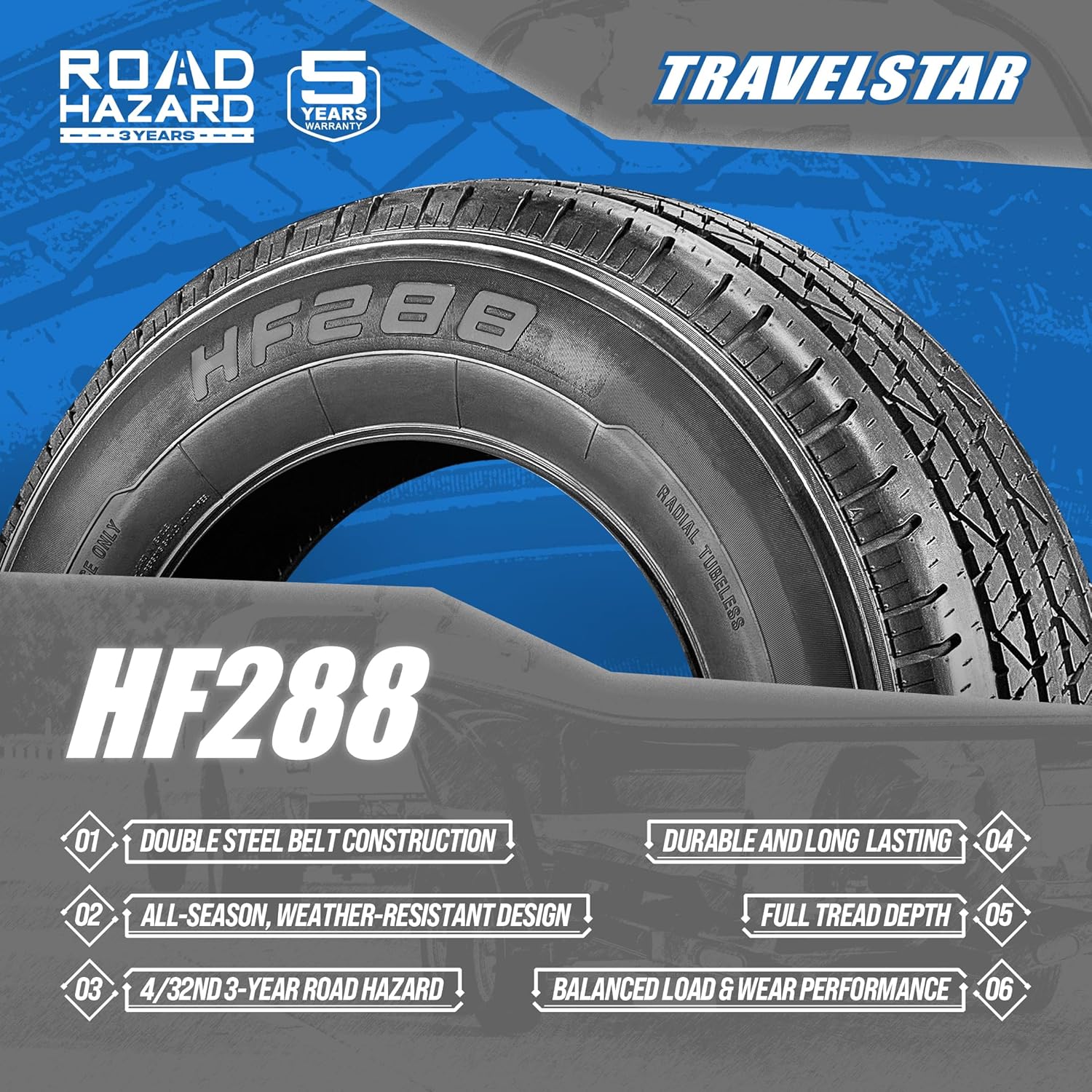 Set of 2 Travelstar HF288 ST175/80R13 97N D Rated 8 Ply Deep Tread Special Trailer (ST) Tire (Tire Only)+3-Year Road Hazard Warranty