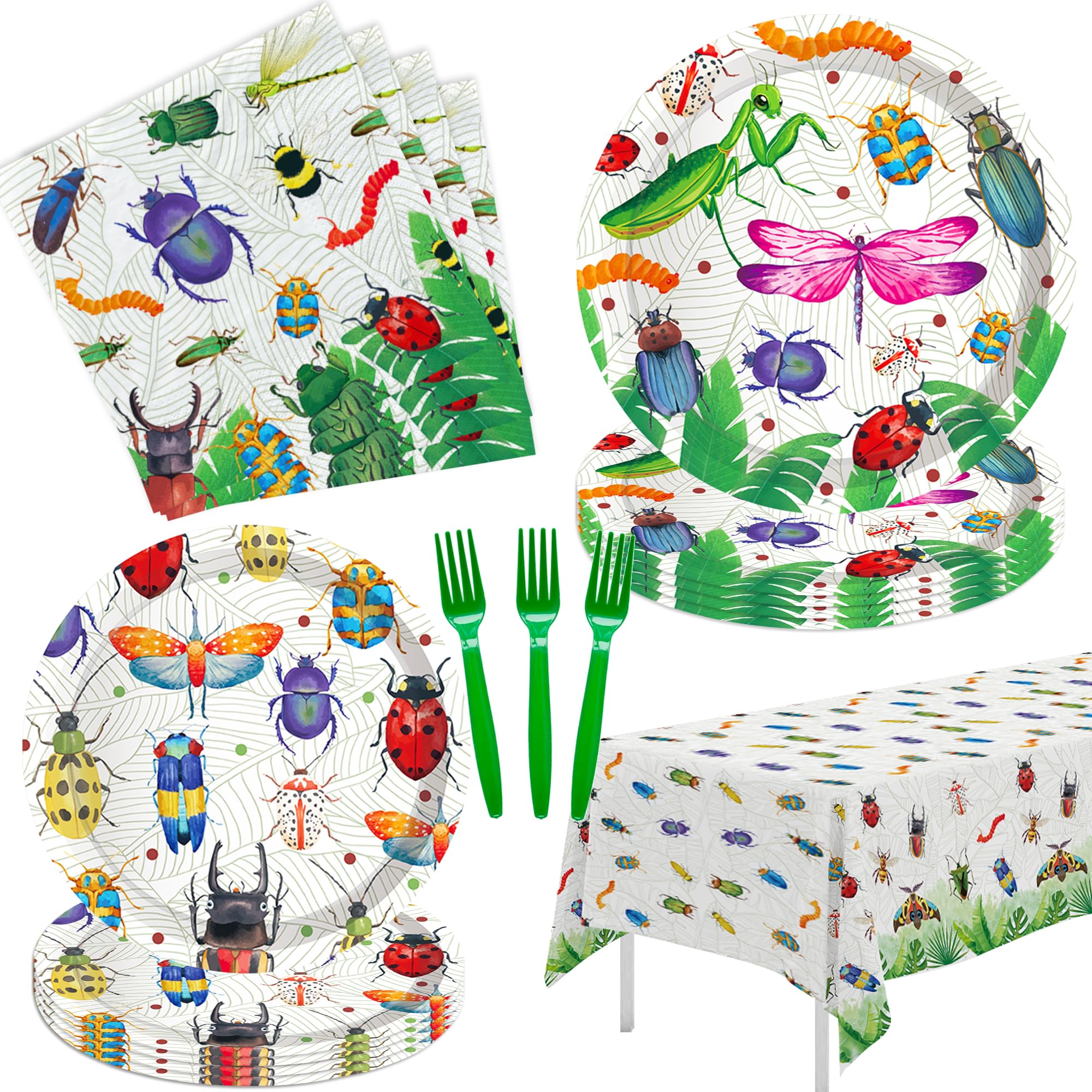Bug Birthday Party Decorations Dinnerware - Bug Party Supplies, Plate, Napkin, Tablecloth, Fork, Spring Summer Nature Insect Theme Birthday Baby Shower Party Decorations Tableware | Serve 24