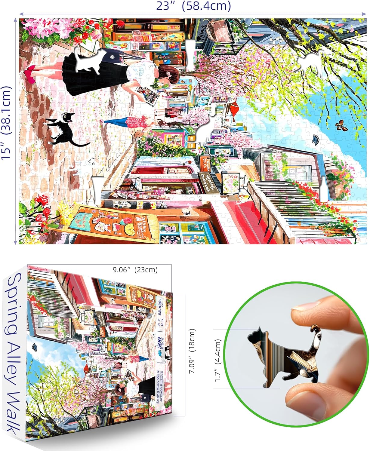 500 Pieces Cherry Blossom Puzzle, Pink Street Jigsaw Puzzle for Adults, Colorful Spring Scene Art Puzzle for Perfect Family Challenge Game Nights