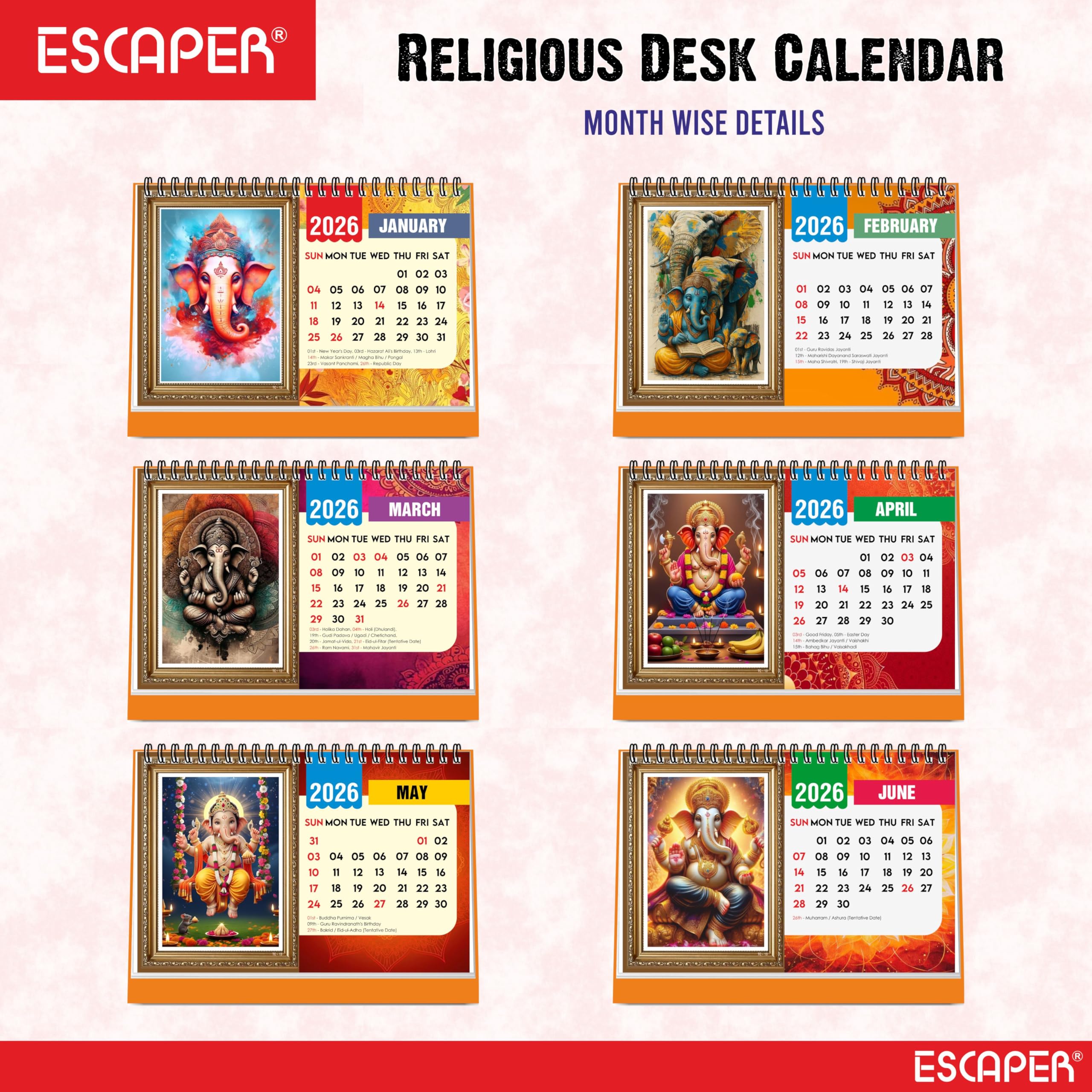 ESCAPER Lord Ganesha Stehender Flip-Desktop-Kalender 2024, 12 Monatsseiten mit dickem Papier, Doppeldrahtbindung, Tischkalender 2024 (A5, 21,6 x 14,0 cm)