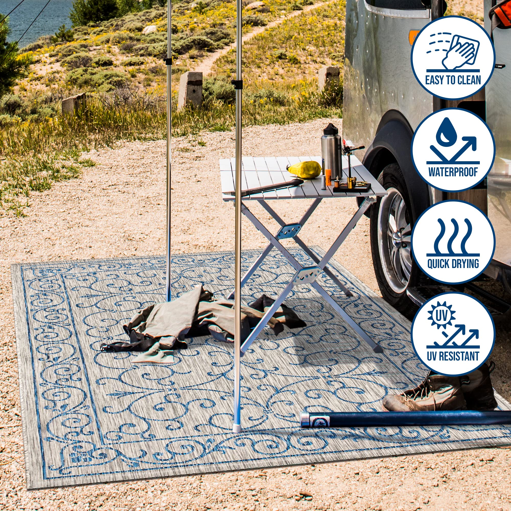 JONATHAN Y SMB106C-8 Charleston Tapis Tissu texturé Filigrane Vintage Intérieur/Extérieur, Facile à Nettoyer, Chambre, Cuisine, Cour, Patio, Anti-Peluche, 240 cm x 300 cm, Gris/Marine