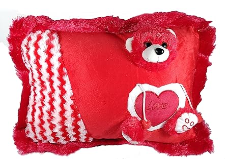 A-Mart Teddy Bear Soft Toy Cotton Pillow for Girl,14x12-inch (Red)