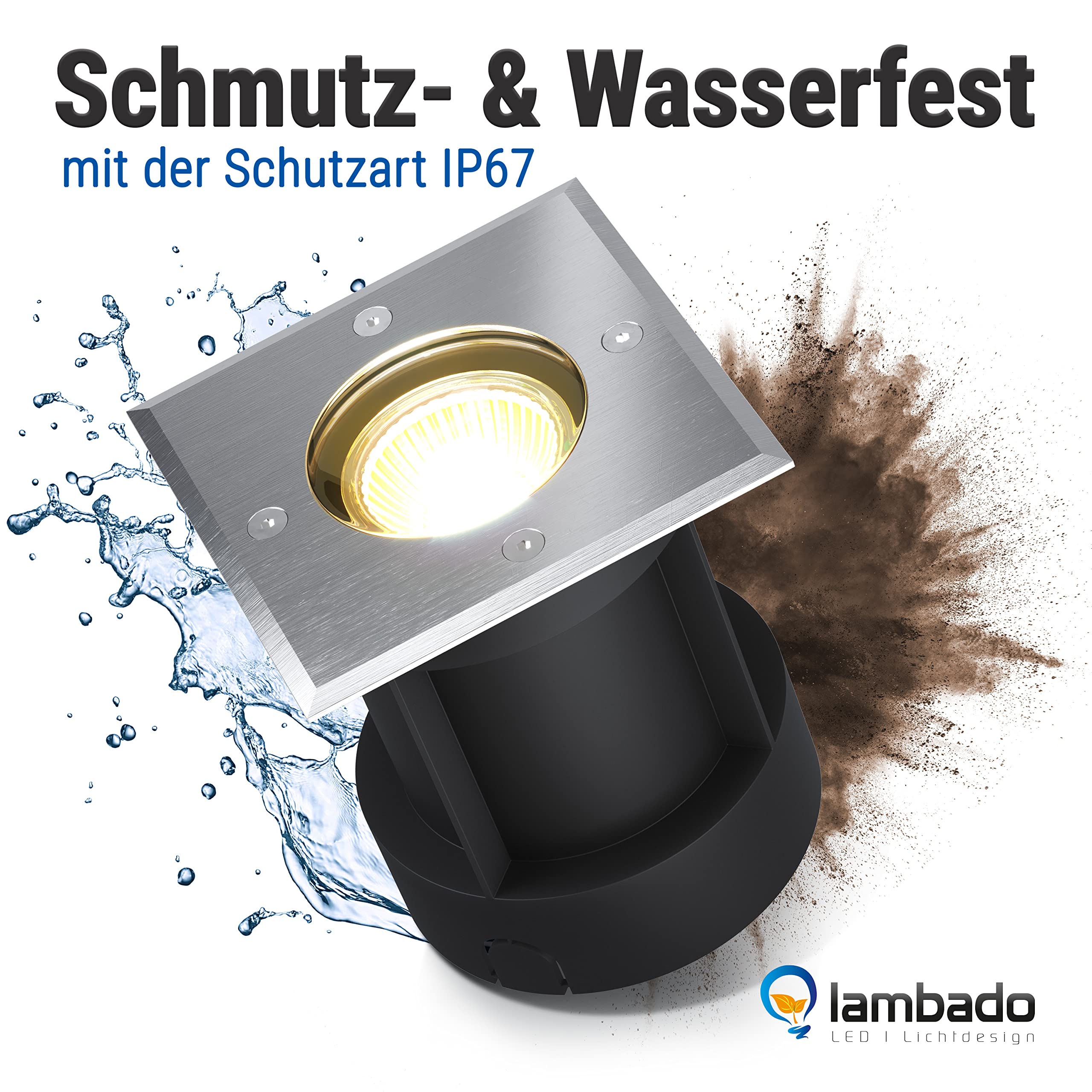 lambado® LED Bodeneinbaustrahler für Aussen IP67 - Wasserdicht & Befahrbar inkl. 5W 230V GU10 Strahler warmweiss - Bodenstrahler/Bodenleuchte Eckig aus Edelstahl für Terrasse & Garten