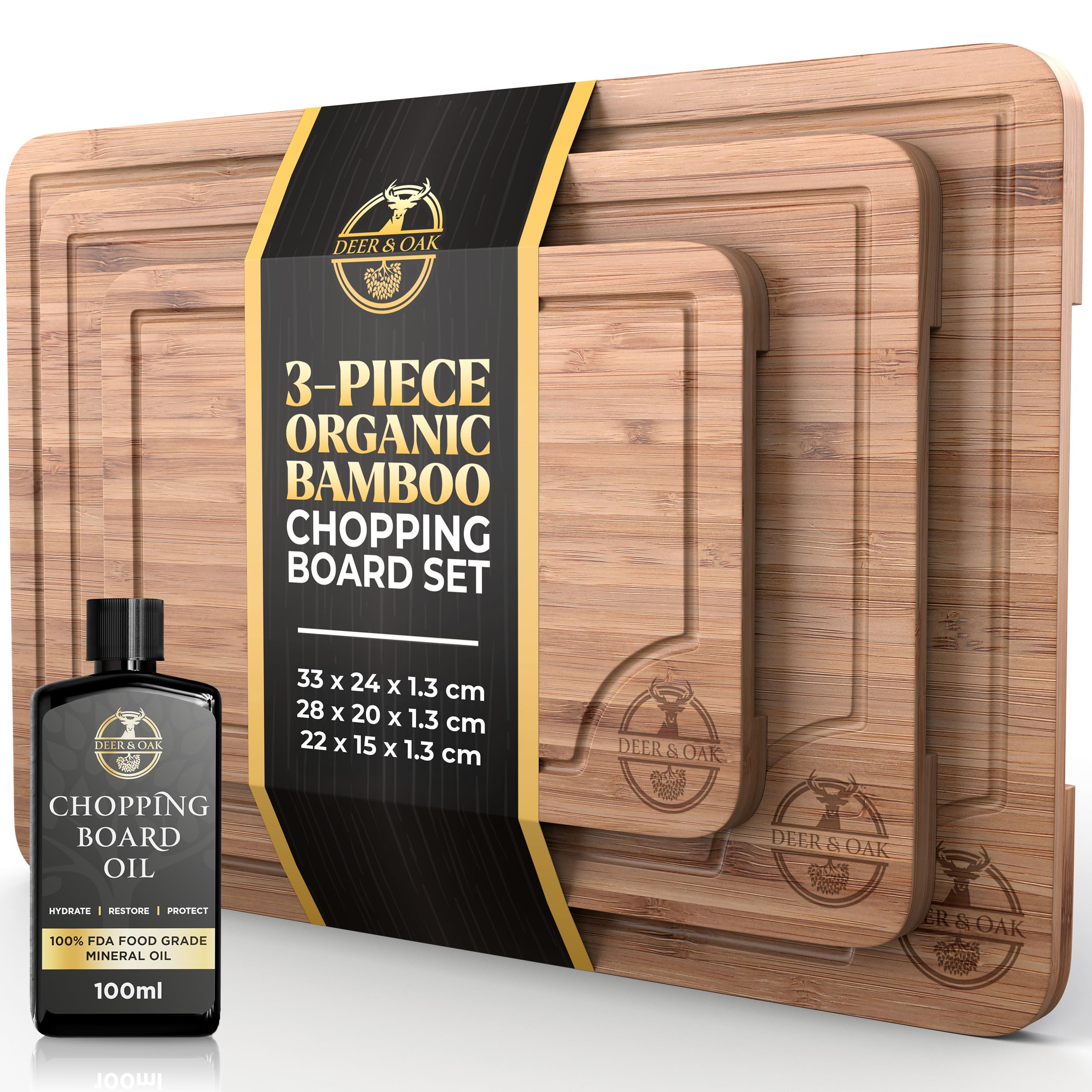 Deer & Oak 3-Piece Bamboo Chopping Board Set & Mineral Oil Bundle, 33x24cm, 28x20cm, 22x15cm, with Side Handle and Grooves + 100ml Food Grade Mineral Oil Set