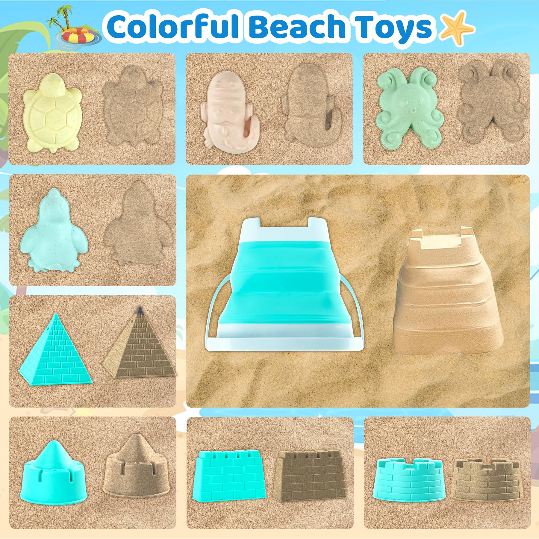 VEEKAY Jouet de Plage Enfant,Kit de Jeu de Plage Enfant avec Seau Pliable Enfants,18 pièces Jouet de Sable,avec Sac en Filet,Roue À Eau, Pelle Râteaux Moules à Sable Jouets de Plage pour Enfants
