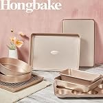 HONGBAKE 9-Piece Baking Pans Set Nonstick, Stackable Non Toxic Bakeware Sets with Diamond Texture, Oven Pan Set for Cooking, Includes Cookie Sheet with Rack, Cake Pan, Roasting Pan, Muffin Tin, Gold