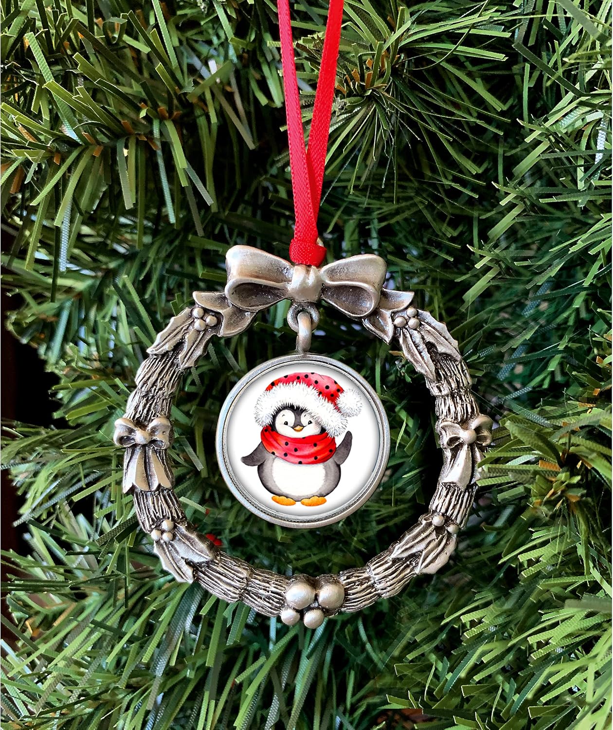 Penguin Coin Wreath Silvertone Pewter Ornament| Colorized Quarter | Red Ribbon | Certificate of Authenticity