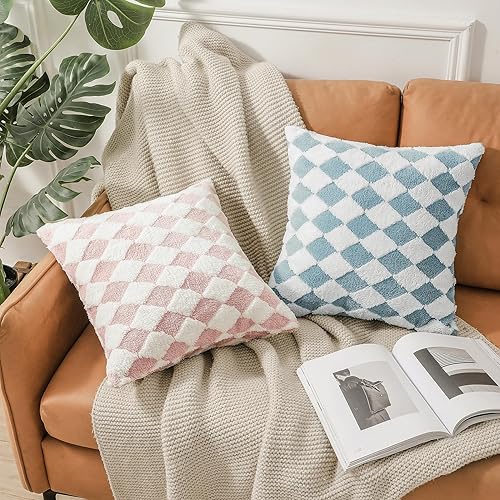 Miniatura 4 de Juego de 2 fundas de cojín decorativas de 18 x 18 pulgadas, fundas de cojín con patrón de tablero de ajedrez de estilo lujoso, almohadas de lana