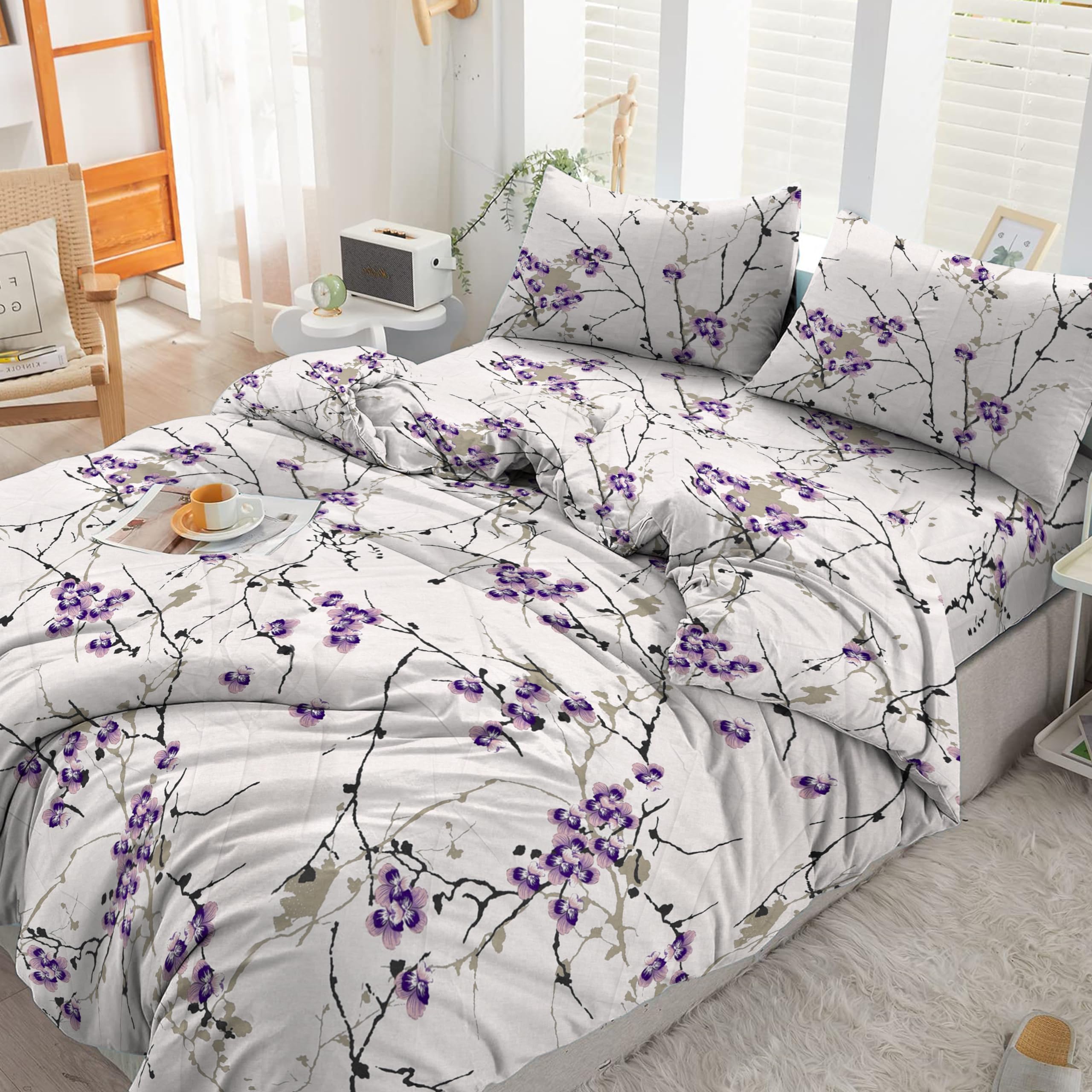 3PCS Double Duvet Cover Set, 100% Egyptian Cotton, 400 Thread Count, Floral Printed Double Bedding Set with Pillowcase