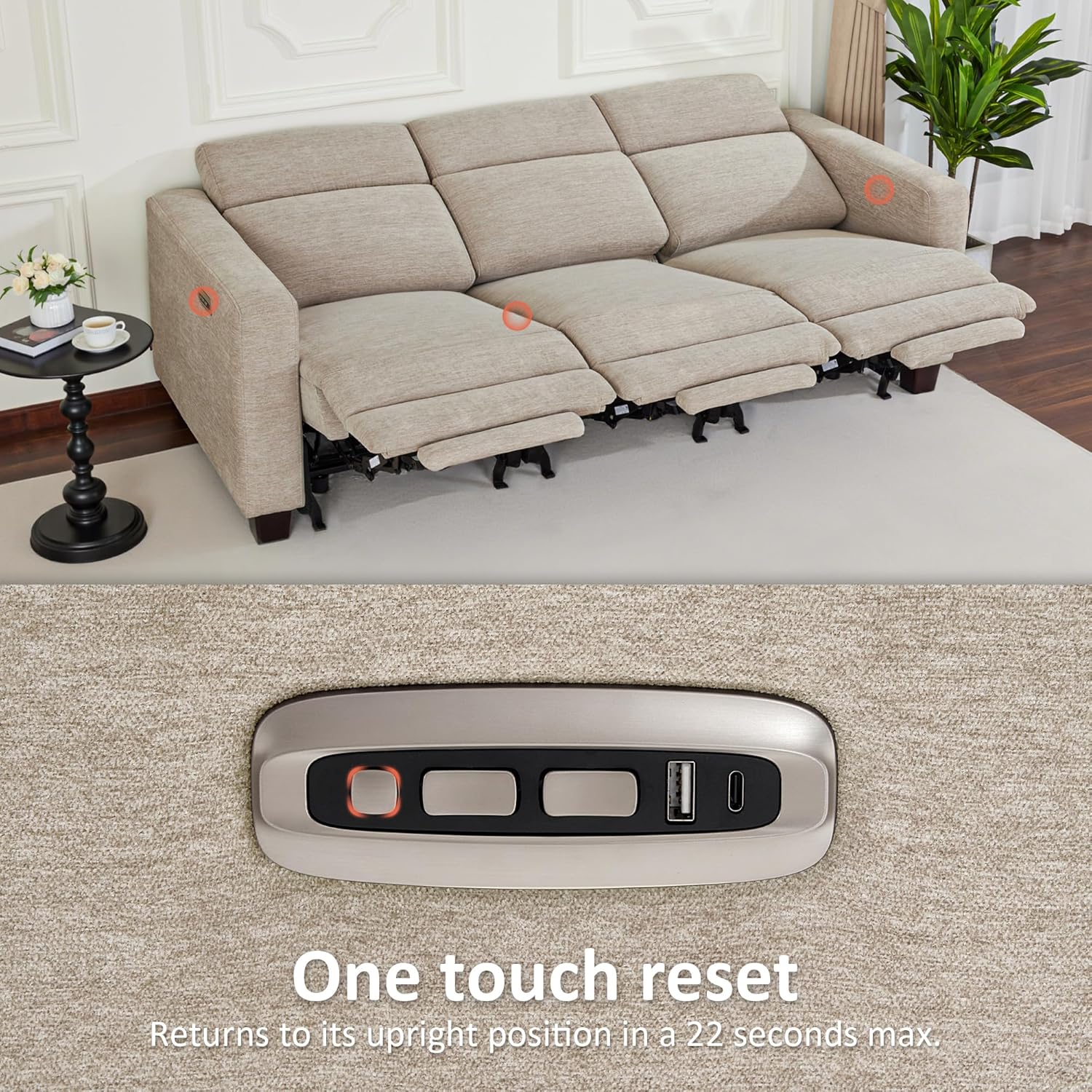 MCombo 88.6'' Reclining Sofa, Wall Hugger Power Recliner Sofa with Adjustable Headrest, USB A & C Charge Ports, Wood Legs, for Living Room (Fabric, HL198M3) (Beige, 3-Seater)