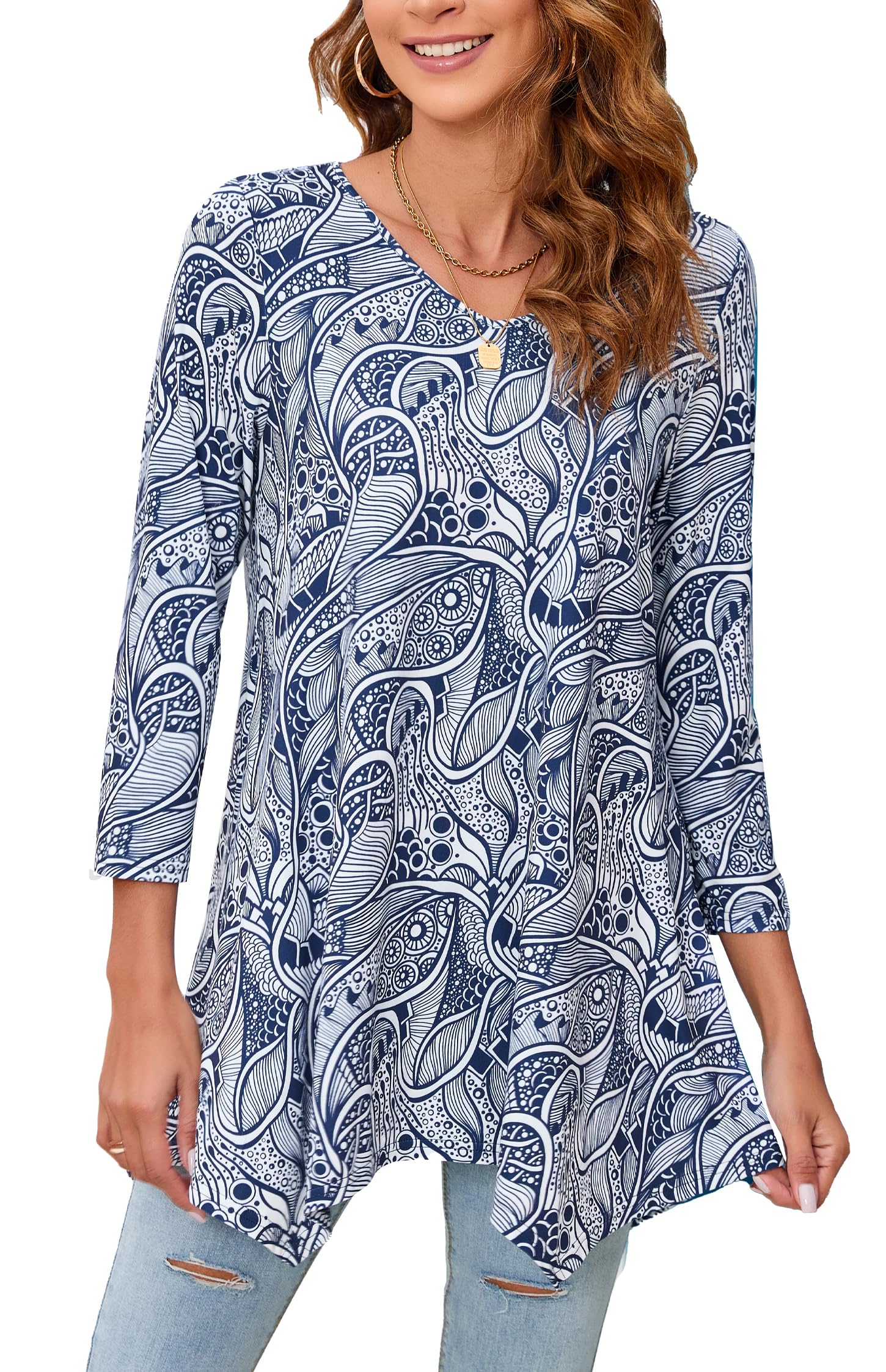 Enmain Camiseta Mujer Manga Larga Top Túnica Talla Grande Manga 3/4 Blusa on Cuello en V Tops de Colores Sólidos/Estampadas T Shirt para Mujeres S-3XL