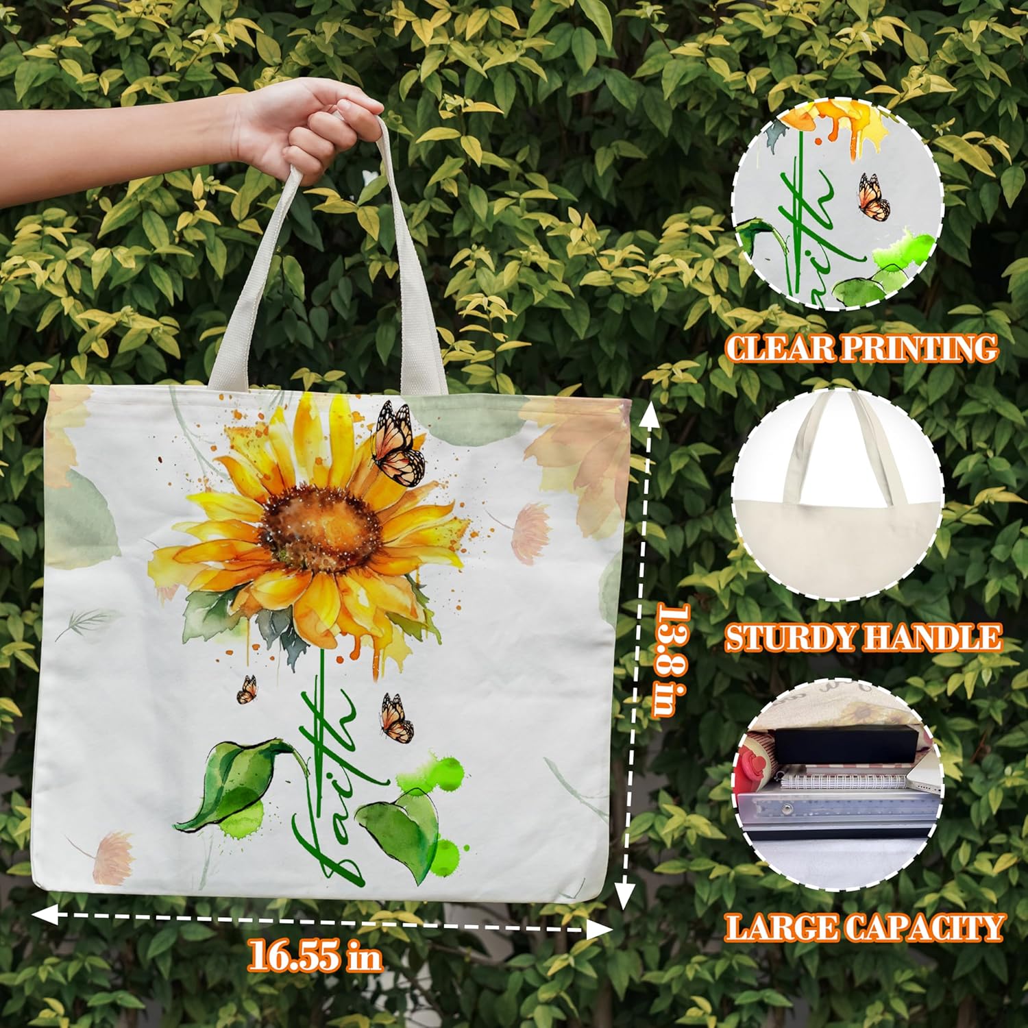 Faith Canvas Tote Bag for Women, Sunflower Christian Tote, Honey Bee Religious Gift Bag, Library Book Bag, Shoulder Bag Christian Gifts for Women Friends Colleagues -24 - Image 2