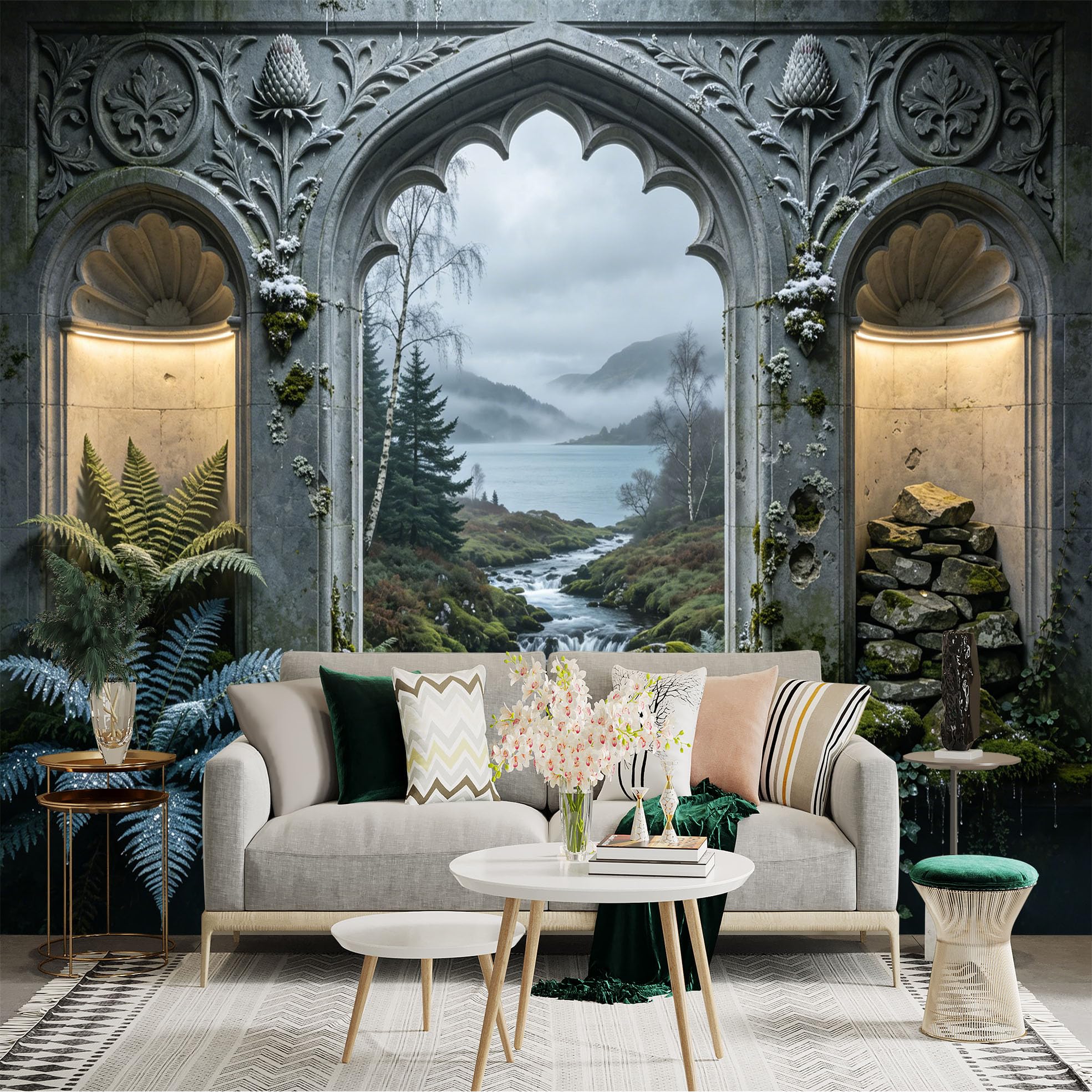Custom Size Wall Sticker Mural， Ancient Stone Arch with Waterfall， Lake and Misty Mountains， for wall Decoration， peelandstick wall Decals.