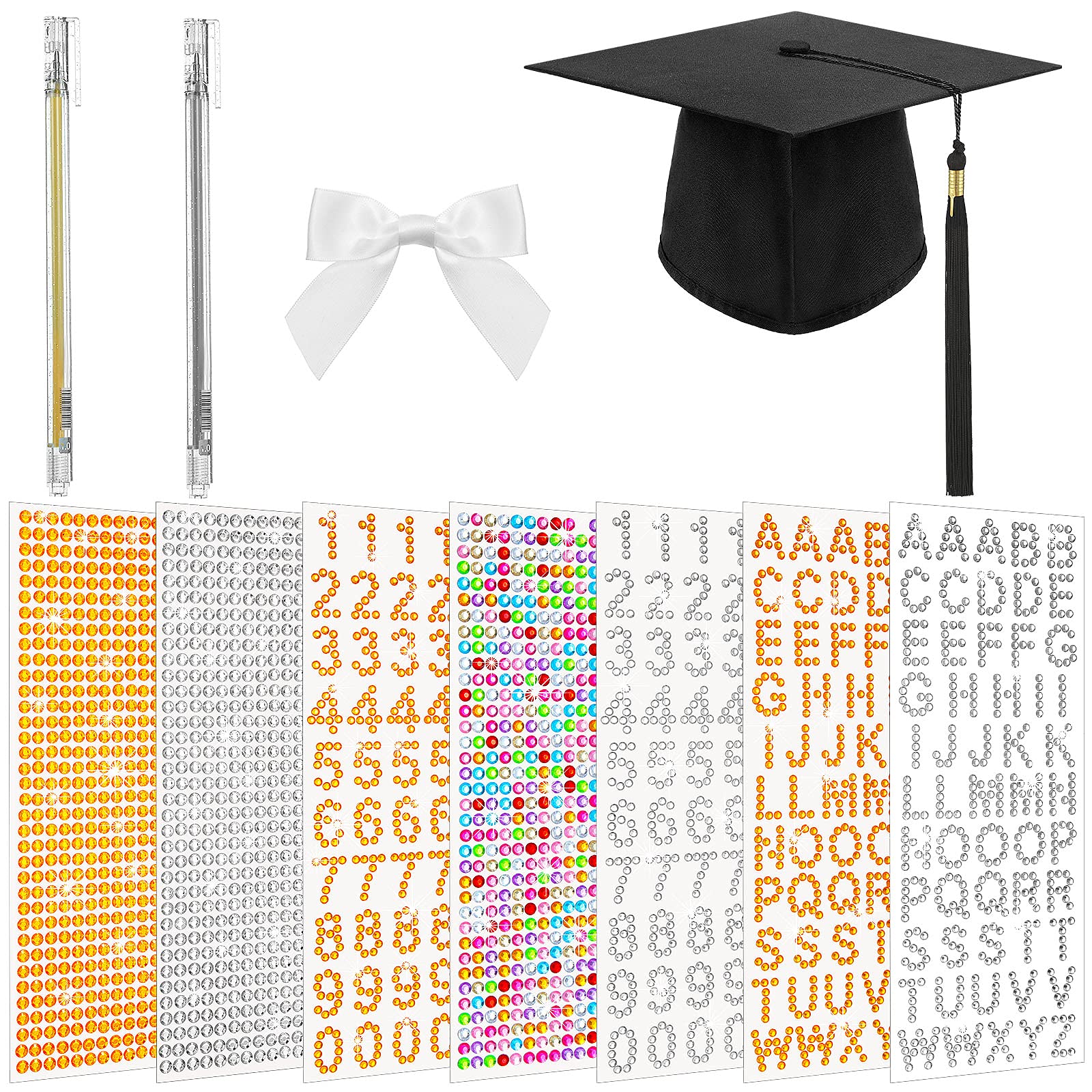 Geyoga 11 Pieces Graduation Cap Decoration Kit, Graduation Cap with Tassel, Rhinestone Stickers Glitter Alphabet Letter Stickers, Glitter Pens, Bowknot Ornament for Graduation Party Decoration
