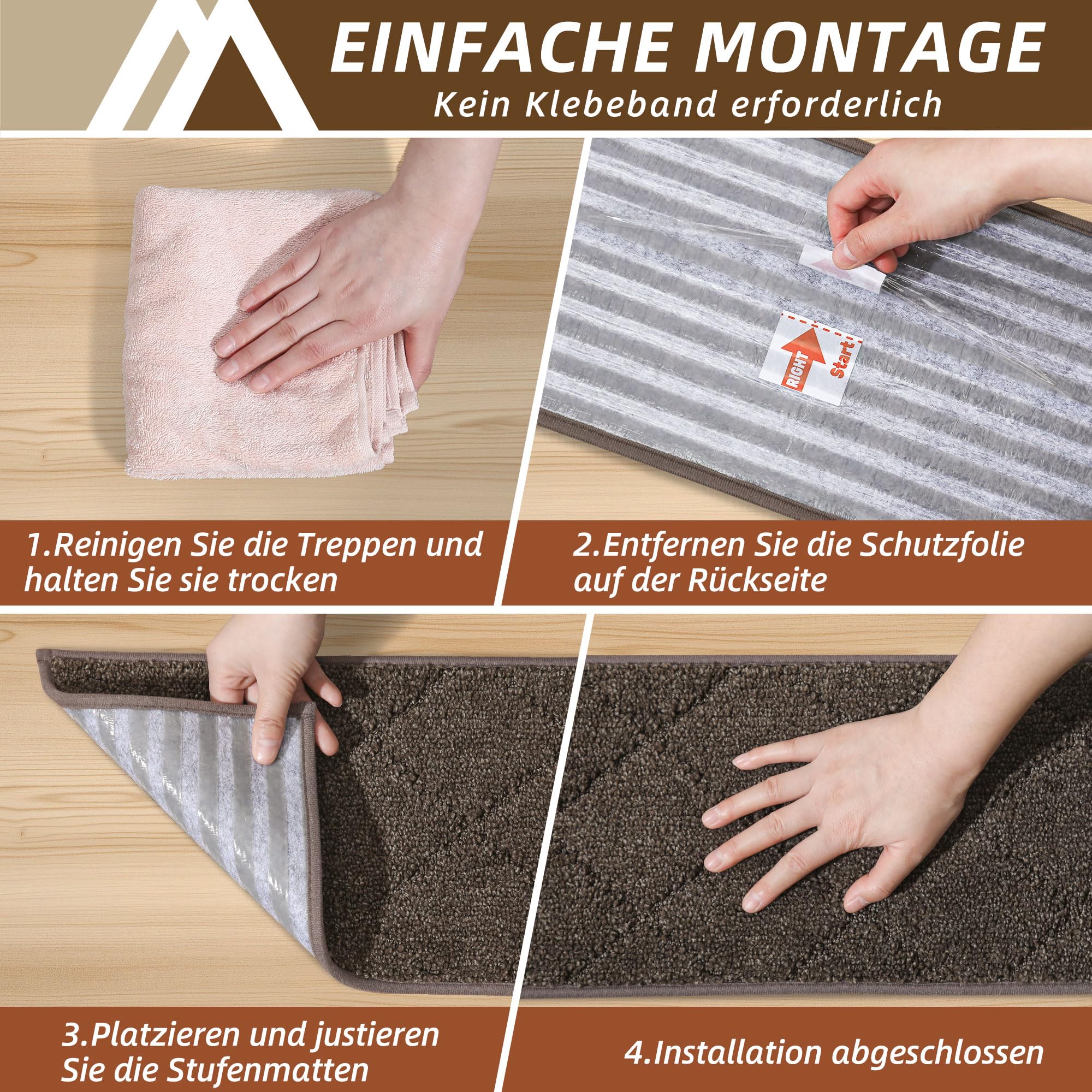 COSY HOMEER 15 Stück Treppenstufen Matten, 70 x 22 cm, Braun | Stufenmatten Selbstklebend, Rutschfest ohne Kleben, 100% Polyester, TPE-Rücken, waschbar, für Kinder, Senioren und Haustiere