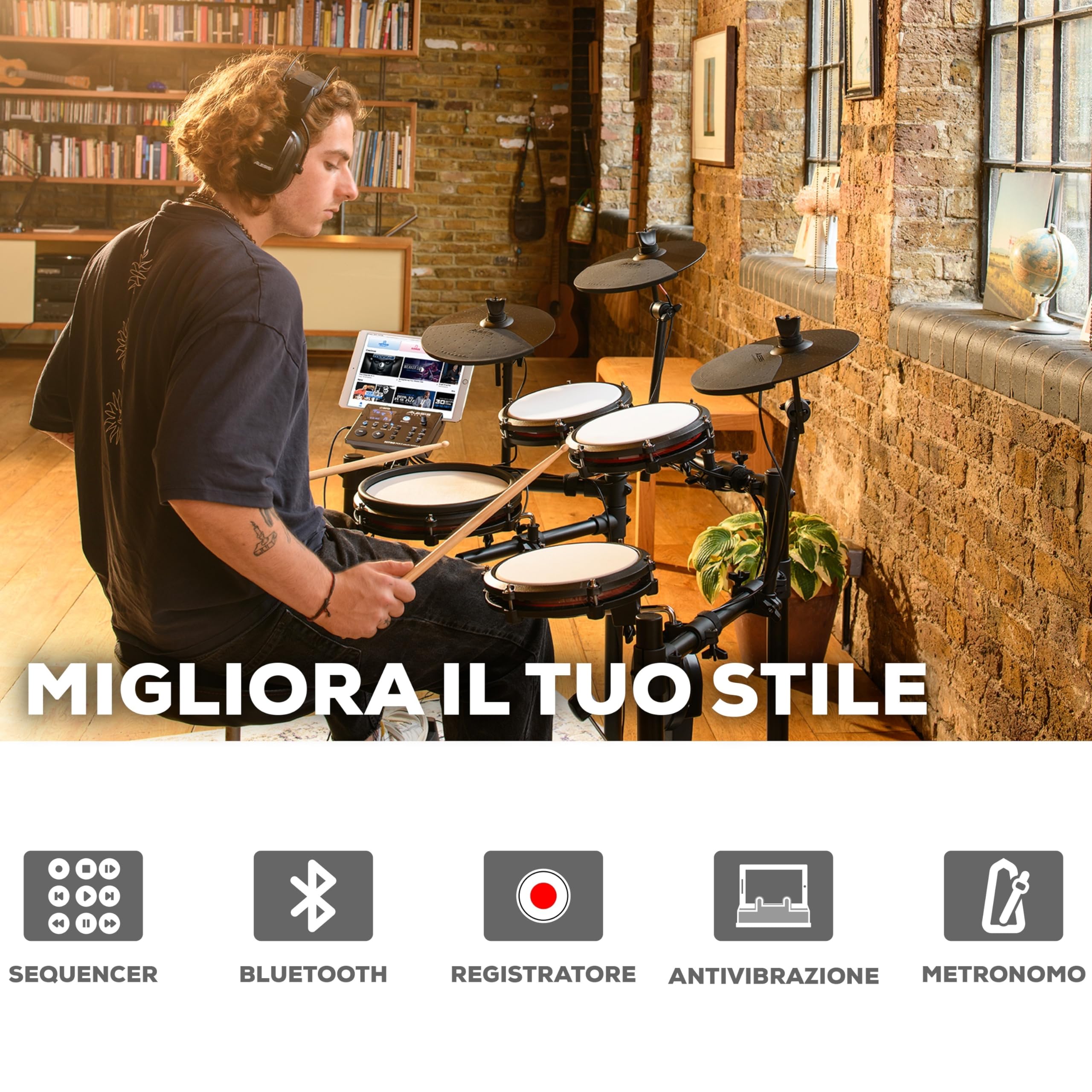 Alesis Nitro Max Batteria Elettronica a 10 pezzi con Pelli Mesh Silenziose, Rullante a Doppia Zona da 10", Bluetooth, 440+ Suoni Autentici, Drumeo, USB Midi, Pedale Grancassa, Sgabello e Cuffie