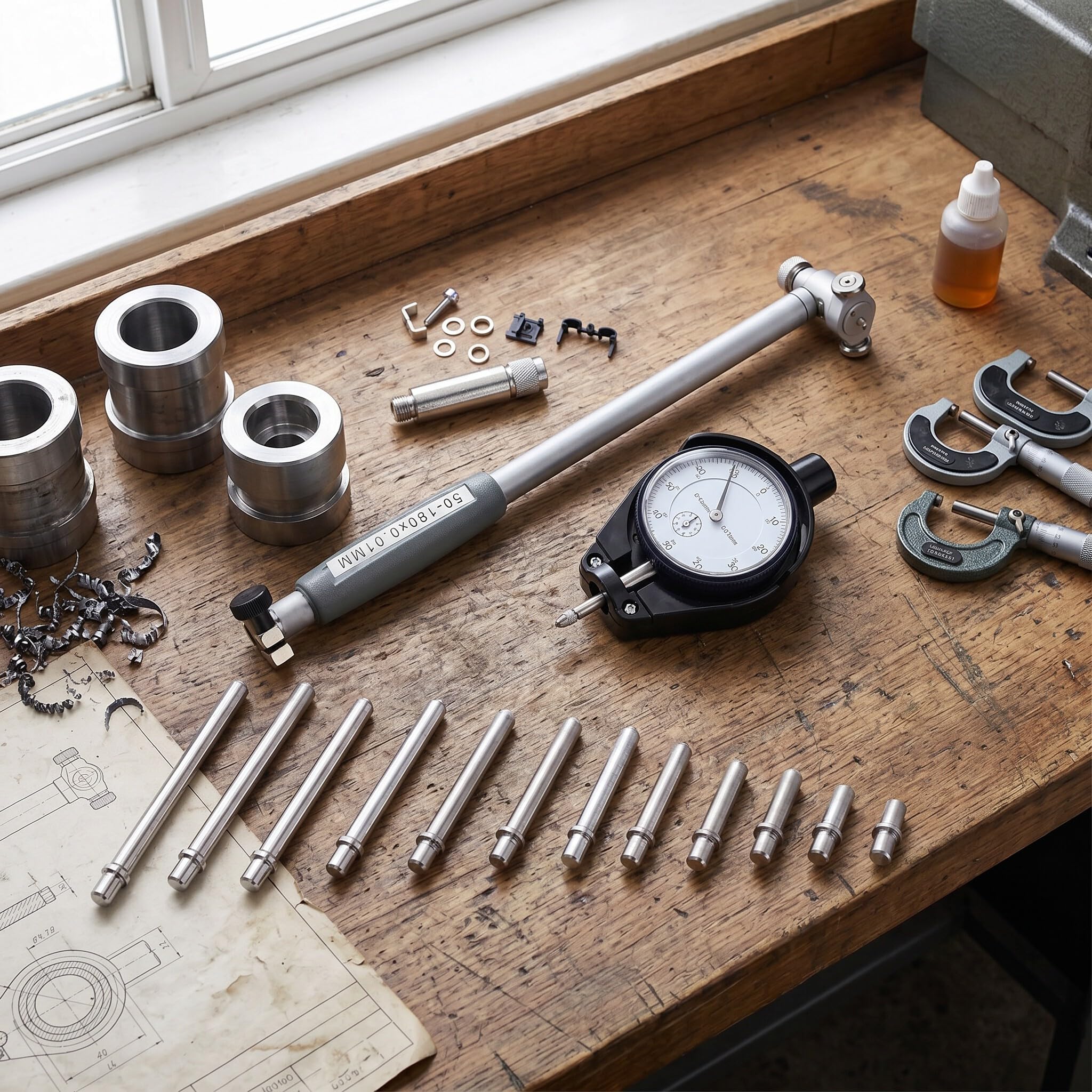 Greensen Innendurchmesser-Messgerät 50-160 mm, Präzisions-Messuhr Set mit 12 Messköpfen & Führungsbrücke, Selbstzentrierend, Messbereich 0,01 mm, für Bohrungen & Zylinder