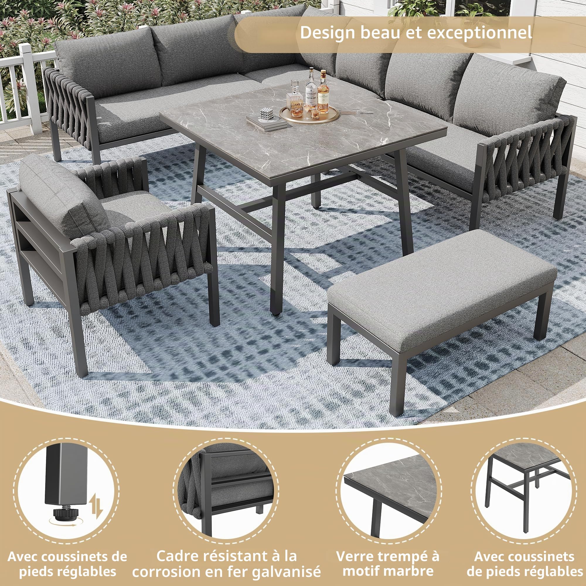 Sapgaks Ensemble de Salon de Jardin extérieur 7/8 Personnes en Corde avec Structure en Fer galvanisé,Pieds réglables,canapé d'angle+Table+Banc + Fauteuil,Plateau de Table en Verre trempé (C-Gris)