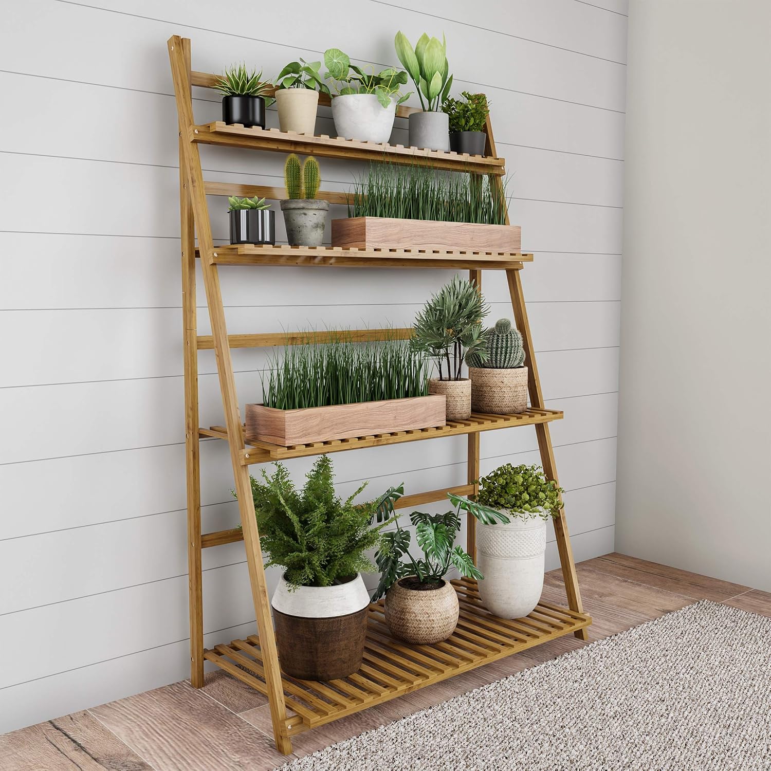 Pure Garden 50-LG5005 Ladder Plant Stand-4 Tier Freestanding Bamboo Storage Shelf, White : Patio, Lawn & Garden