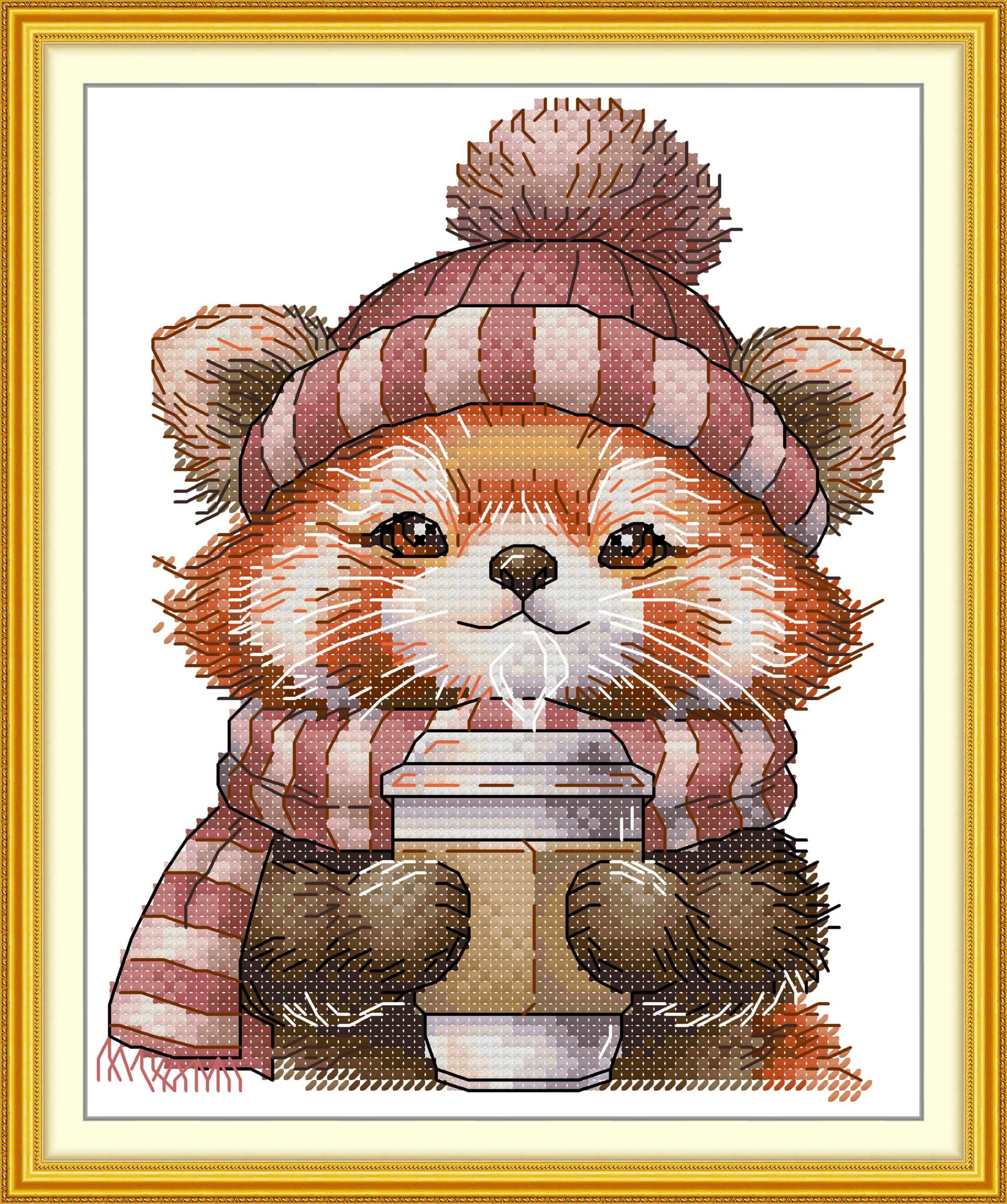 Gofission 14ct Stamped Cross Stitch Kits for Adults Beginners, Little Panda Drinking Coffee DIY Pre Printed Cross Stitch Embroidery Set with Accessories Wall Decor 19x22cm (Panda)