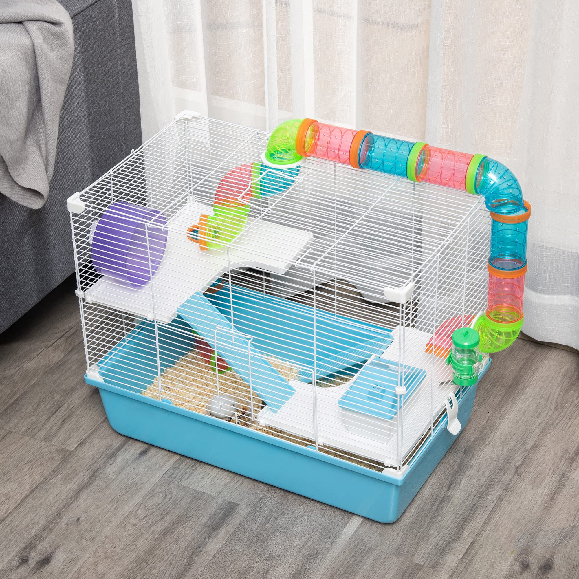 PawHut Gabbia per Criceti a 3 Livelli con Tubi, Casetta, Serbatoio dell'Acqua e Ruota, 59x36x47 cm, Azzurro e Bianco