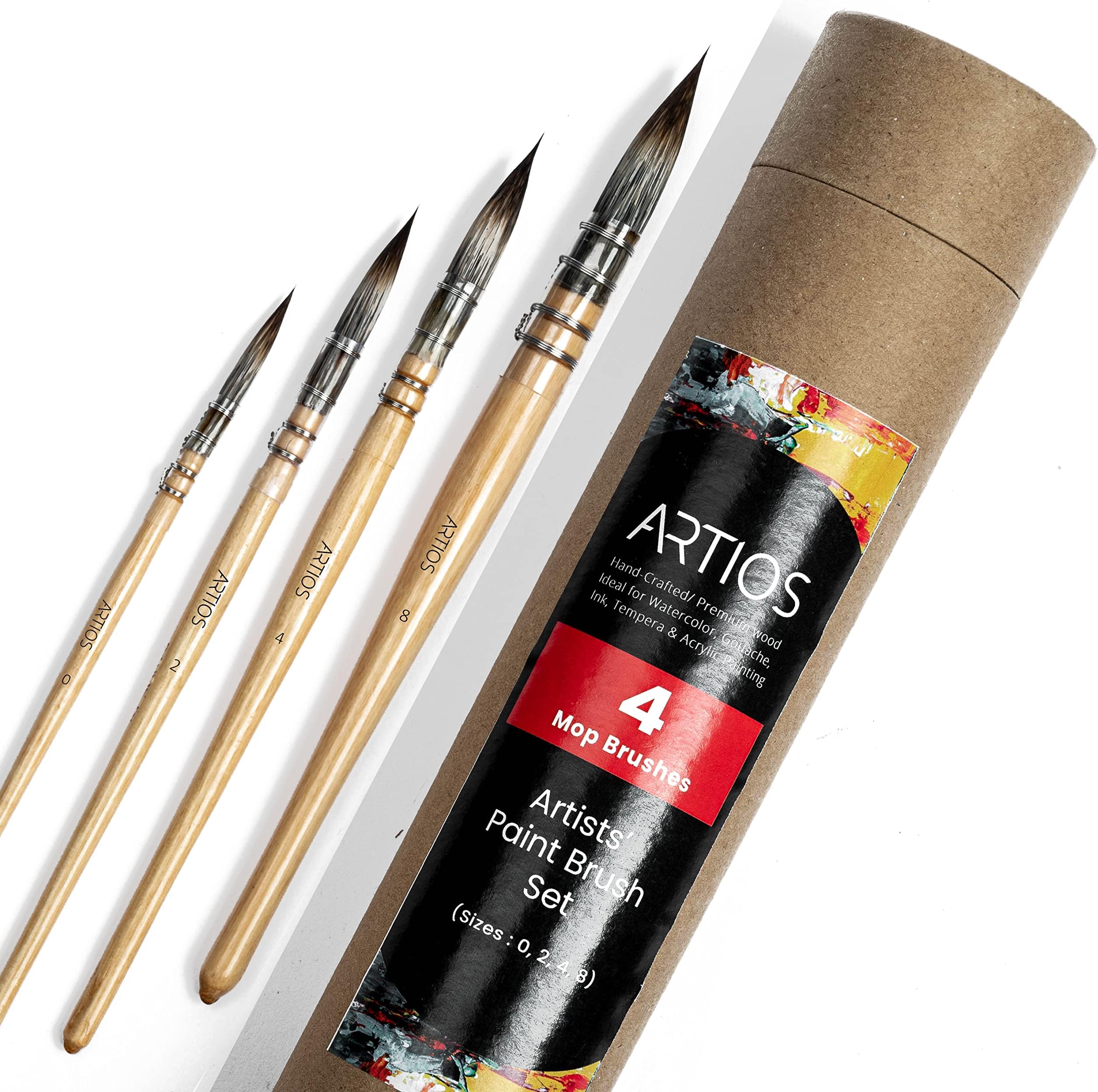 ARTIOS Watercolor Mop Paint Brush Set for Artists Painting with Brush Holder, Set of 4 (0, 2, 4, 8)-Wood