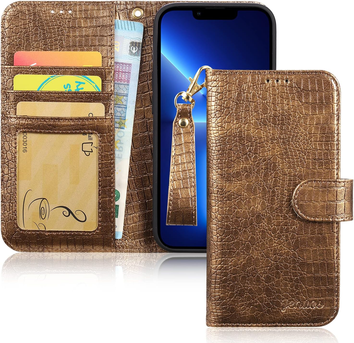 Jenuos for iPhone 13 Pro Case Leather, RFID Blocking Phone Cover Premium PU Leather Wallet Magnetic Closure Foldable Protective Wrist Strap Flip with Card Holder -Gold(13P-XE-GD)