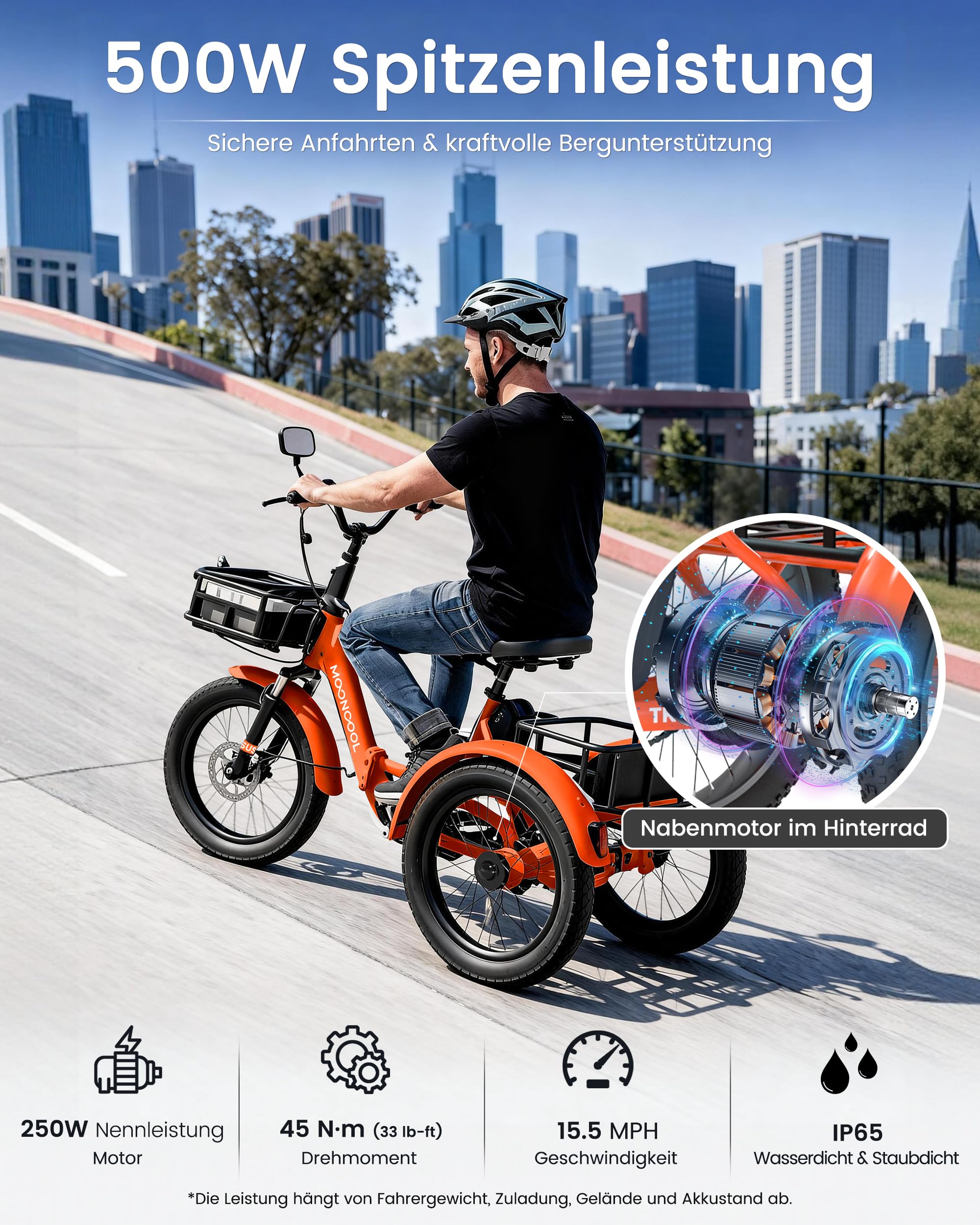MOONCOOL E Bike Klapprad, 20" Elektrofahrräder für Herren Damen, 36V 20AH Akku, 250W Motor 45 Nm, LCD-Display, IP65 Wasserdicht, 3 Fahrmodi, mit Großen Körben & Fußstützen