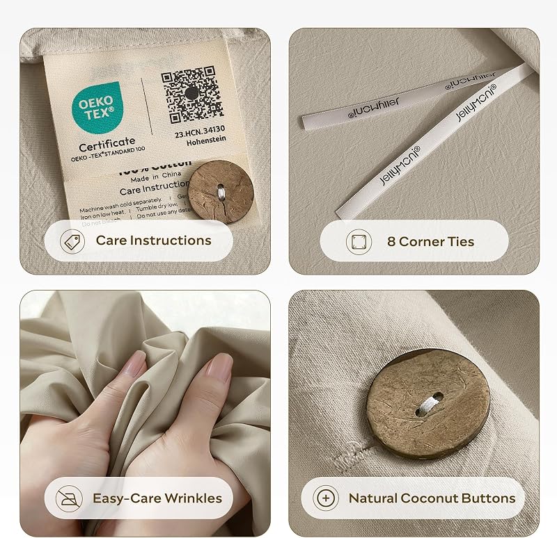 JELLYMONI 100% Washed Cotton Oatmeal Duvet Cover Queen, Linen-Like image 4